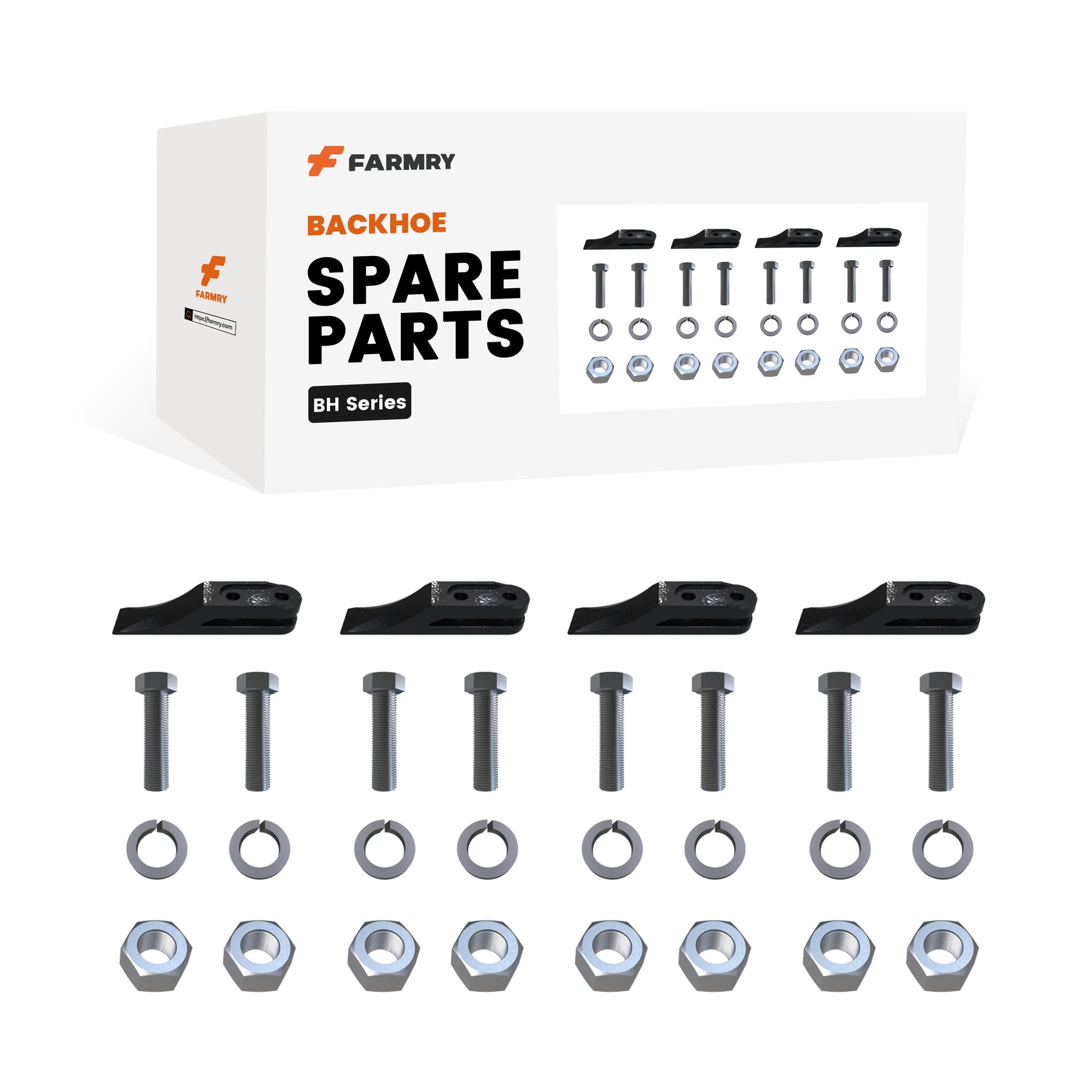 A box labeled Farmry BH Series Replacement Teeth (1 Pack/4 Pcs) – High-Strength Spare Parts, with bolts, washers, and nuts in front; ideal for Buy X Get Y promotions or as a complimentary gift with your next order.
