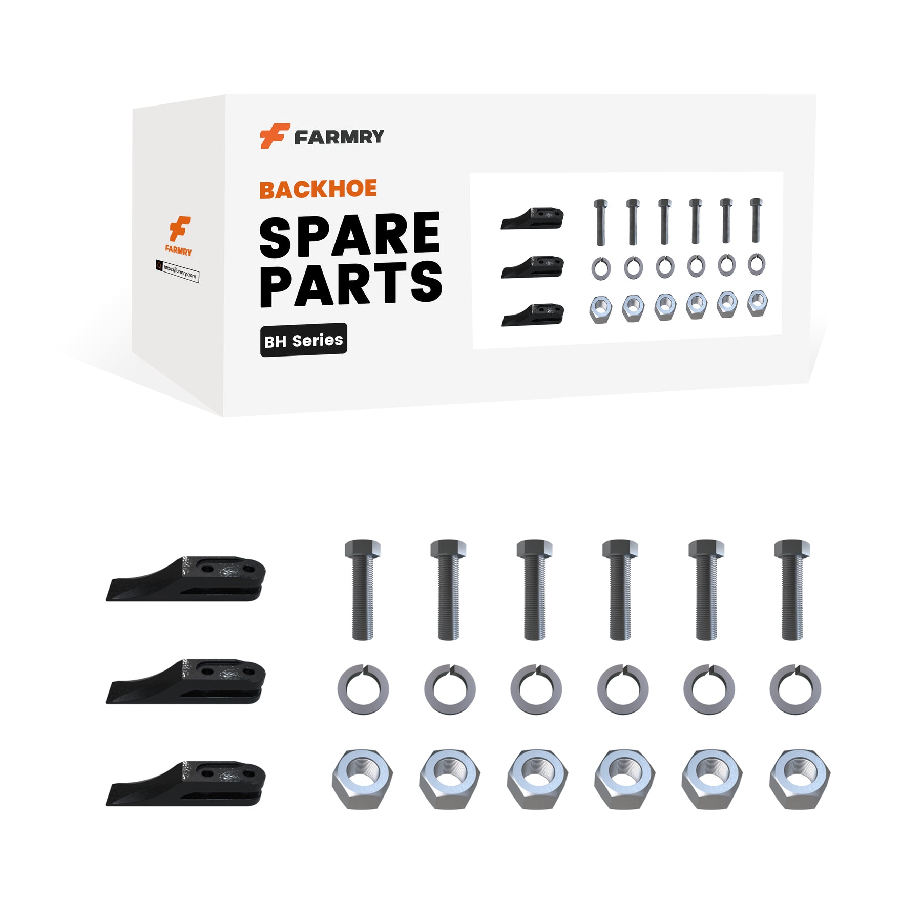 A Farmry-branded box labeled "🎁 (1 Pack/3 Pcs of teeth) Spare Parts for BH600/BH700 (100% off)" is shown above rows of teeth, bolts, washers, and nuts. Get a free gift with purchase via Secomapp’s Buy X Get Y offer.