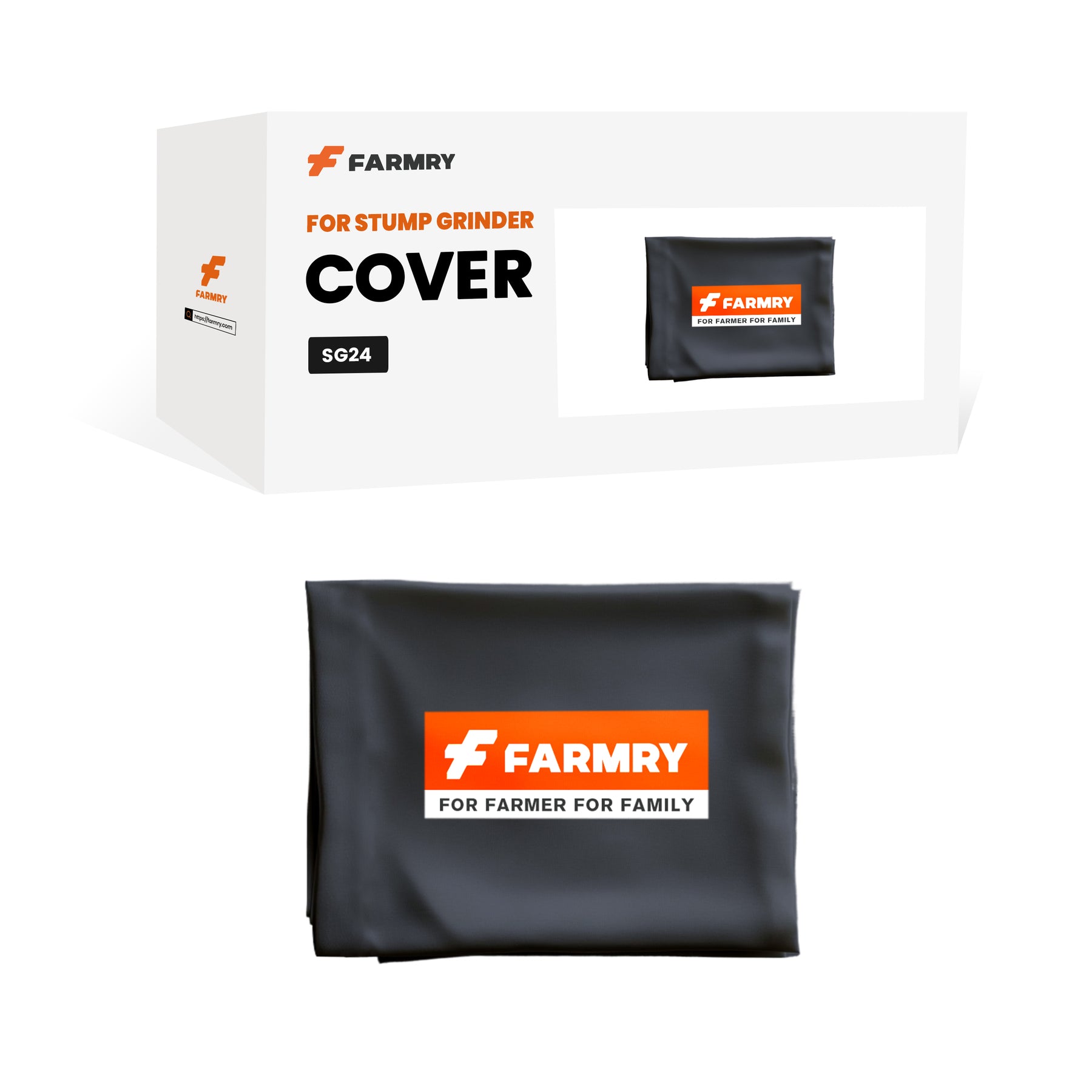 A black Farmry SG24 Stump Grinder Protective Cover – All-Weather Durable Fit with an orange and white FARMRY logo and “FOR FARMER FOR FAMILY” text is displayed in front of a white Farmry box labeled for the cover.
