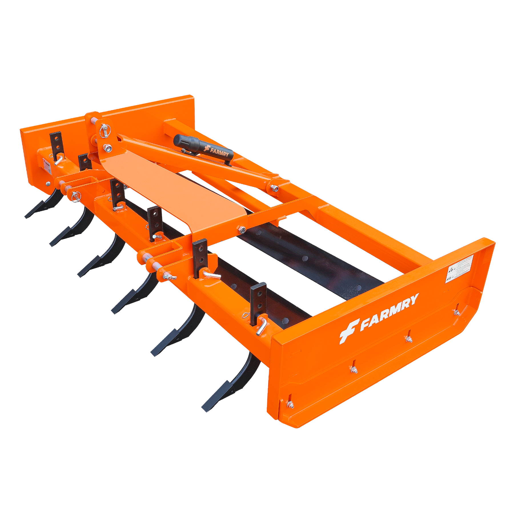 The Farmry GS4084 Tractor Grading Scraper features multiple black ripper tines, side plates, scraper edges, and the Farmry logo on the side, shown in orange against a white background.