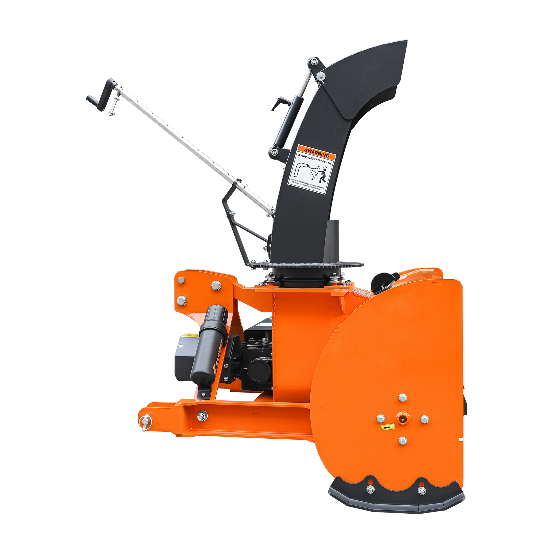 Side view of the Farmry 48” 3 Point Hitch Snow Blower (TSB48) with orange body, black manual 360° chute, metal handles; fits CAT 1 hitch and 15-35HP tractors; features a 20” impeller, PTO shaft with clutch, and snow shovel for jam clearance.