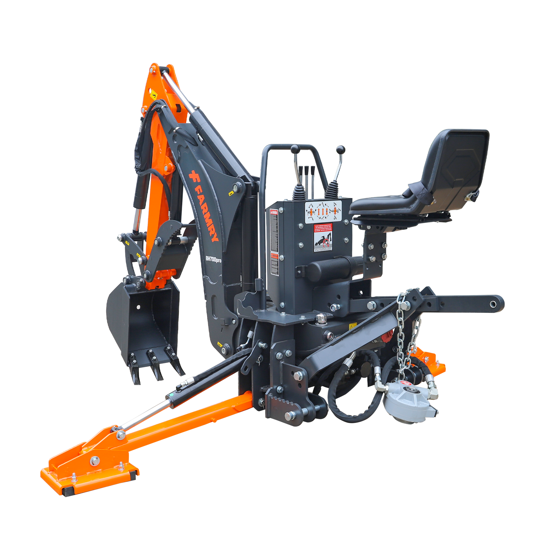 The Farmry BH700Pro is a compact 7' tractor backhoe with a curved boom, Italian WALVOIL seven-way hydraulic control valve, 12" bucket, hydraulic grapple thumb, self-contained pump & reservoir, for 25-45 HP Cat 1&2 tractors.