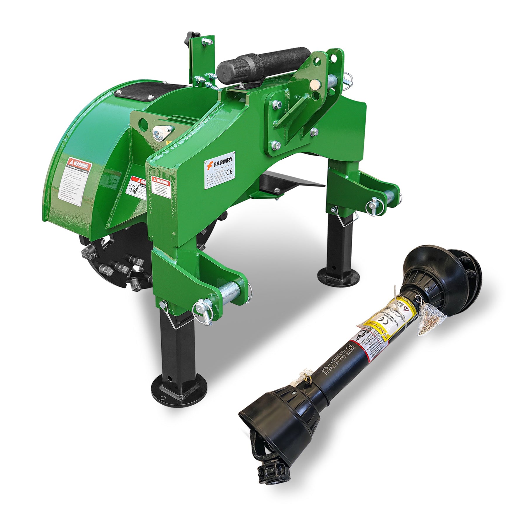 A green Farmry 5” PTO Wood Chipper + Stump Grinder Bundle (WCAP130 + SG24), for 15–45HP tractors, with sturdy legs and black drive shaft, shown on a white background.
