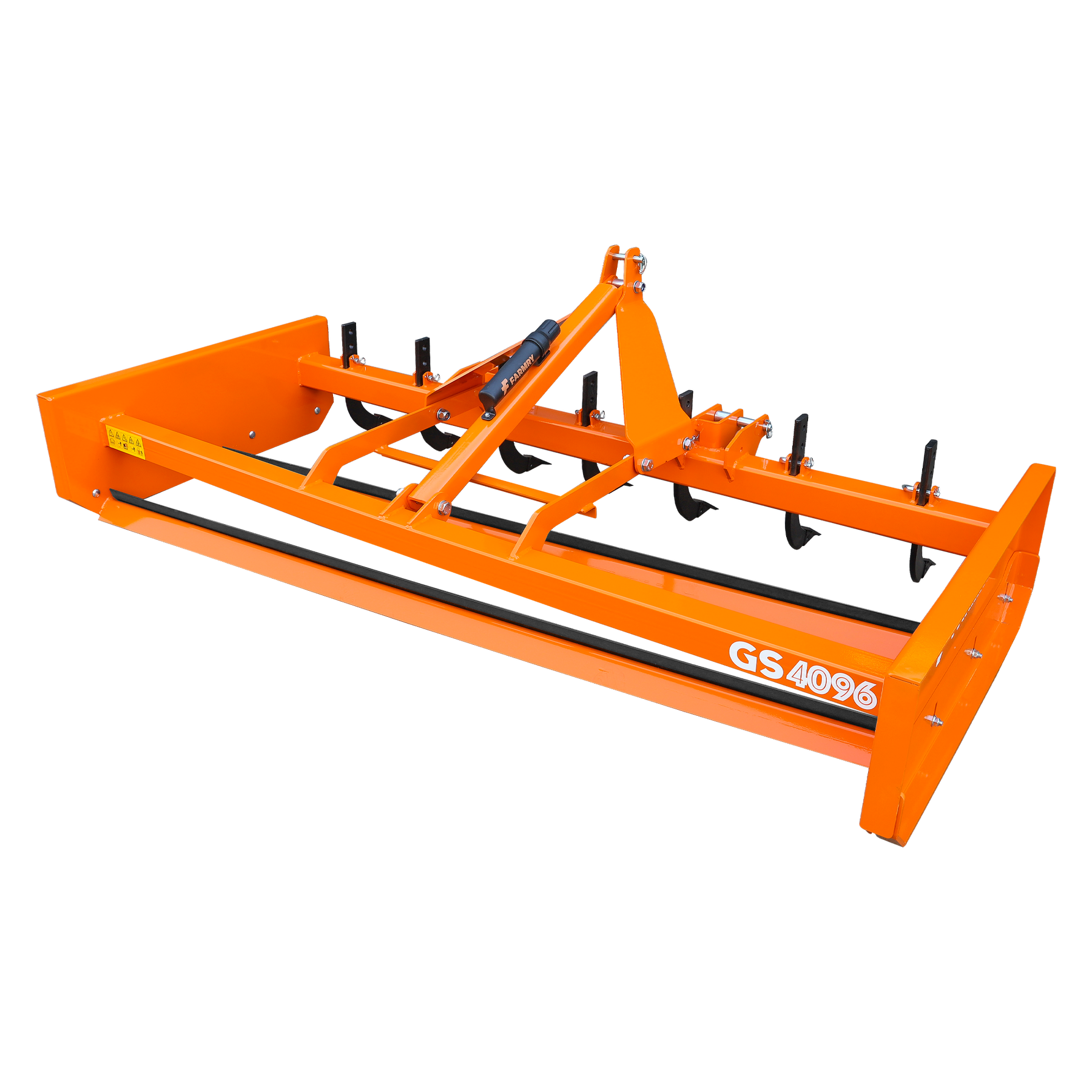 The Farmry GS4096 Grading Scraper, an orange tractor attachment with black accents and the model number on the side, is designed for leveling soil and features durable vertical shovel tooth components for better ground penetration.