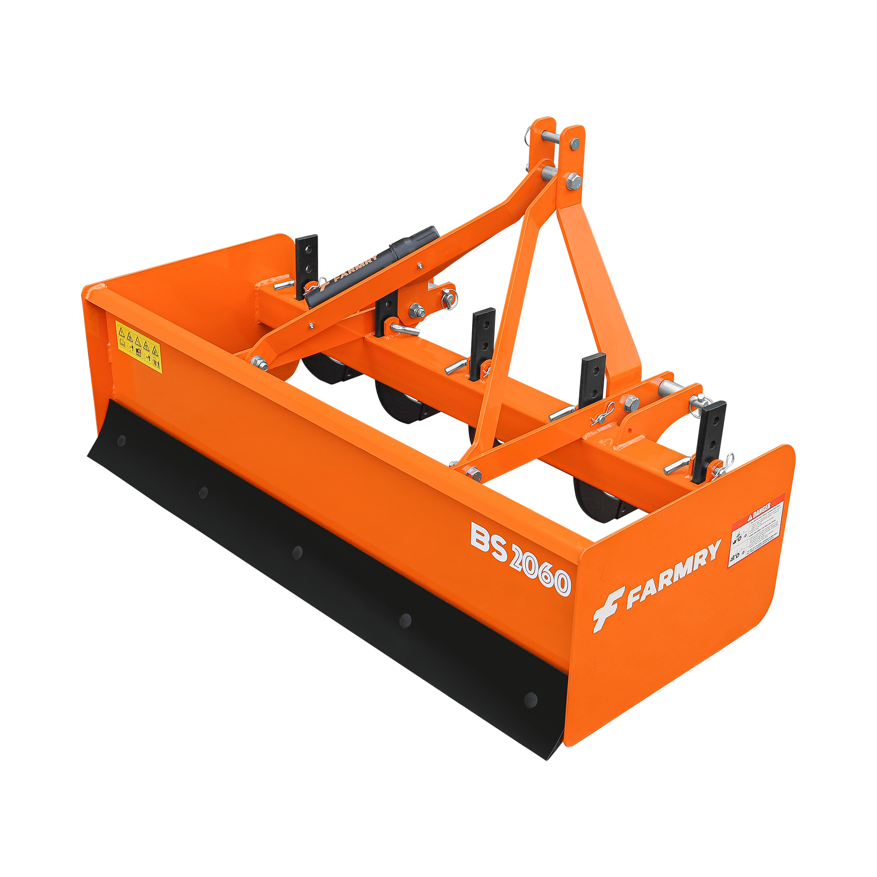 The Farmry BS2060 Box Scraper is an orange metal attachment for 20–35 HP tractors, with a rear grading blade, bucket scraper function, and CAT.1 Quick-Hitch three-point connection.