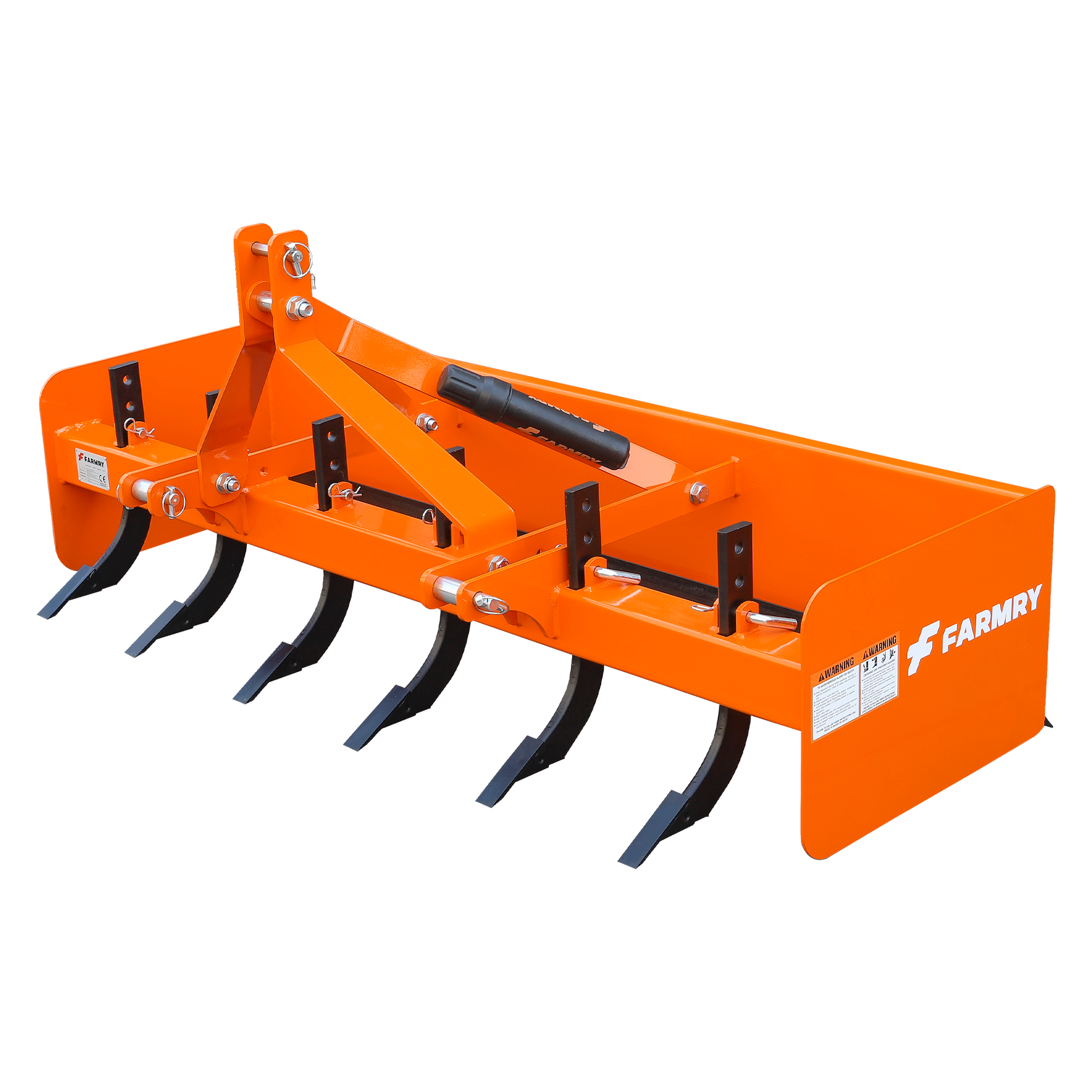 The Farmry BS2072 Box Scraper is an orange tractor attachment with heavy-duty steel, five adjustable black scarifier shanks, side plates, and a 71" working width—ideal for land leveling and grading.