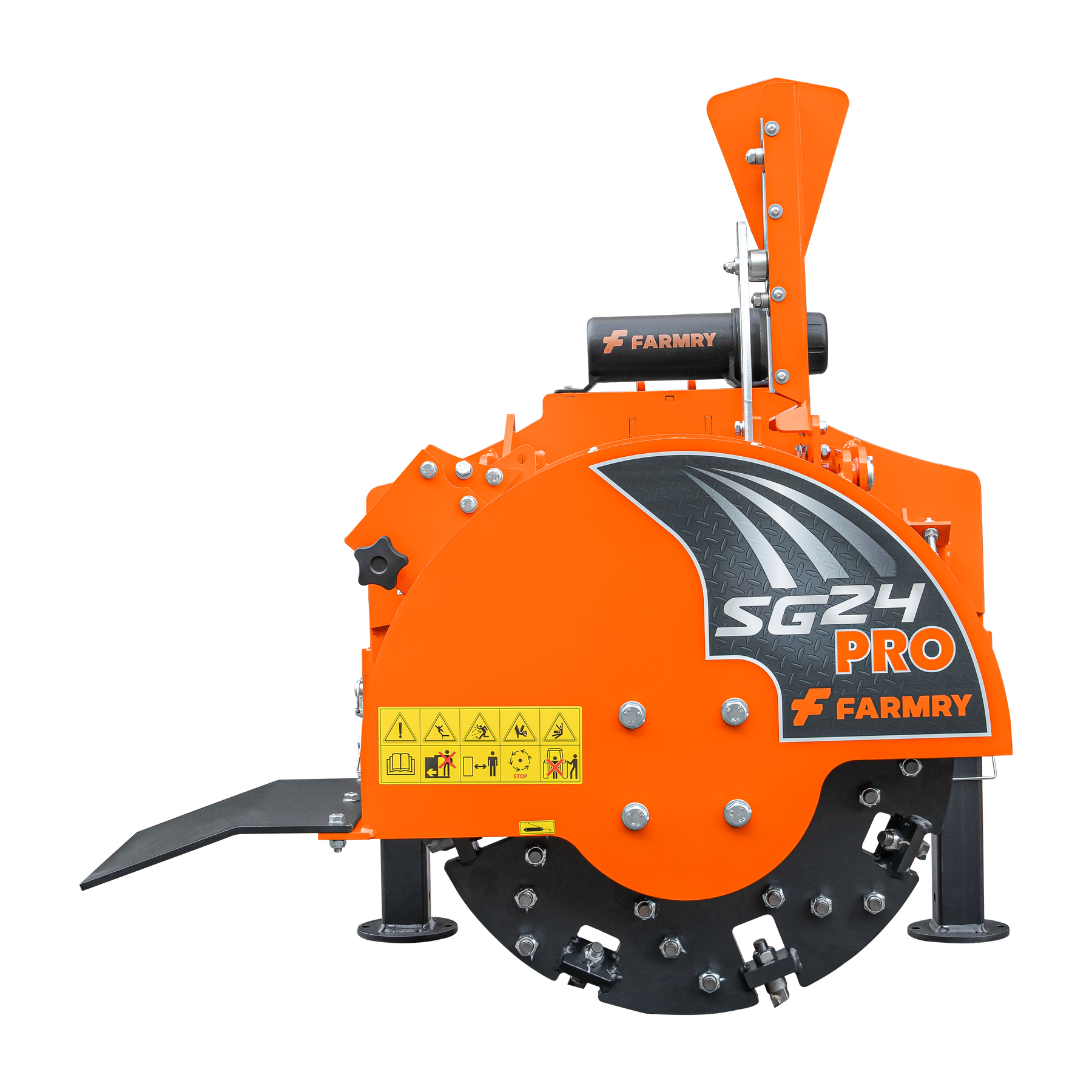 A Farmry SG24 Pro 3-Point PTO Stump Grinder with two torsion springs, speed indicator, 34 carbide teeth, slip clutch PTO shaft, and visible safety labels is shown against a white background. For 15-45HP tractors.