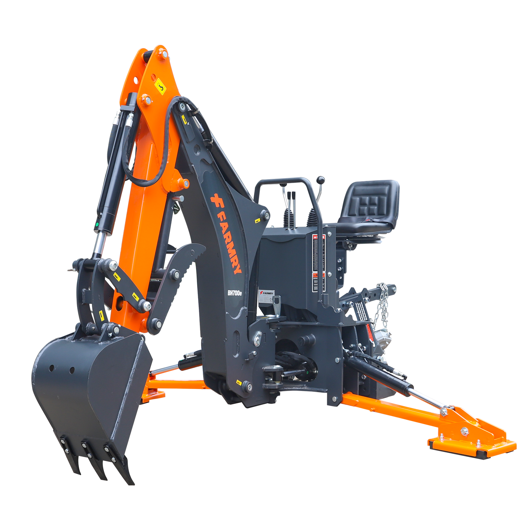 The Farmry BH700e is a compact, orange and black 7' tractor backhoe with curved boom, 12" bucket, grapple thumb, gear pump & hydraulic reservoir for 25-45 HP tractors with Cat 1 & 2 hookup.