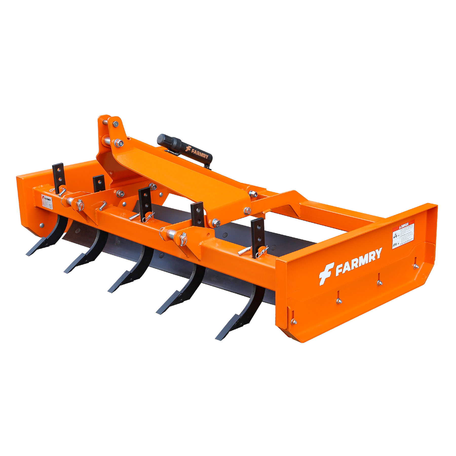 The Farmry GS3072 Grading Scraper is an orange metal implement with sturdy black blades, "Farmry" branding, a 71-inch working width, ideal for soil prep or tilling, and is CAT.1 quick-hitch compatible for convenience.