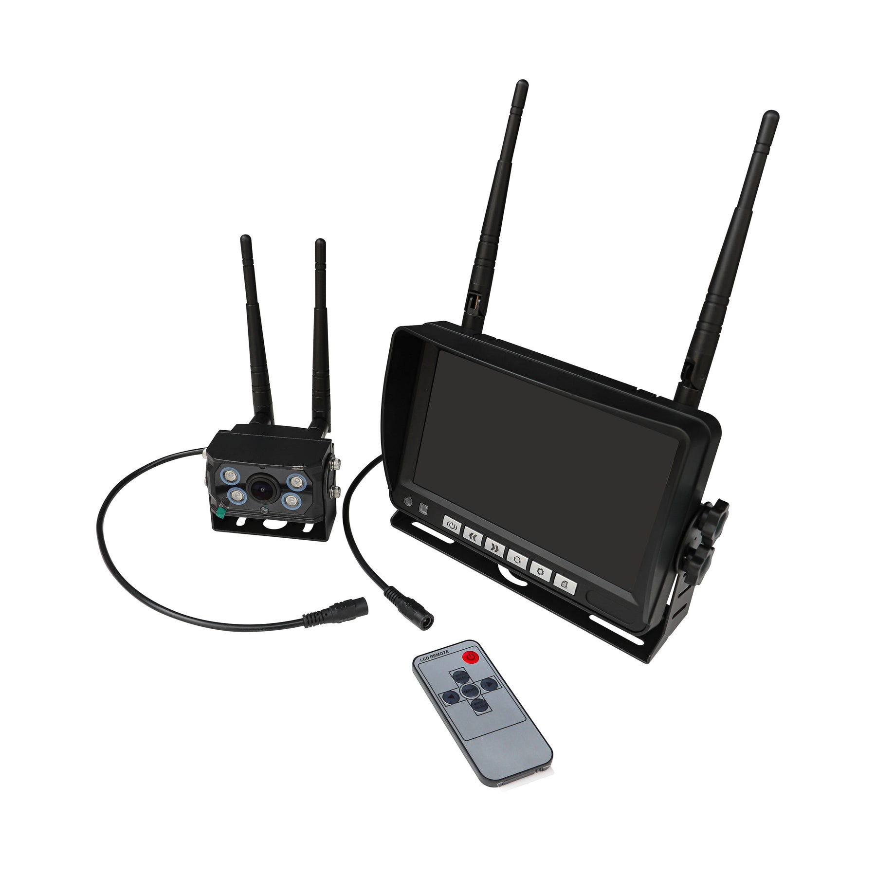 The Farmry 1080P Backup Camera for Stump Grinders features two antennas, a monitor with buttons and dual antennas, and a handheld remote control, all displayed on a white background for enhanced visibility and safety.
