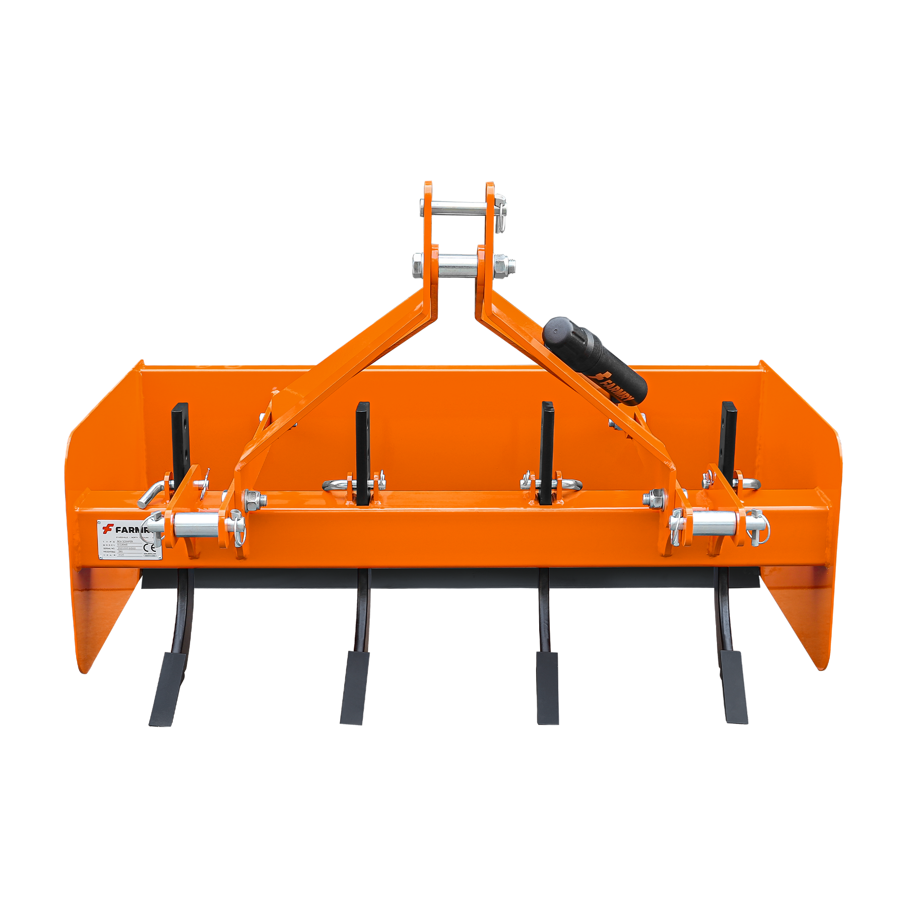 Front view of the Farmry BS2048 Box Scraper, an orange metal attachment by Farmry with multiple black scarifier shanks, designed for tractors and CAT 1 quick hitch, ideal for efficient soil grading or leveling.