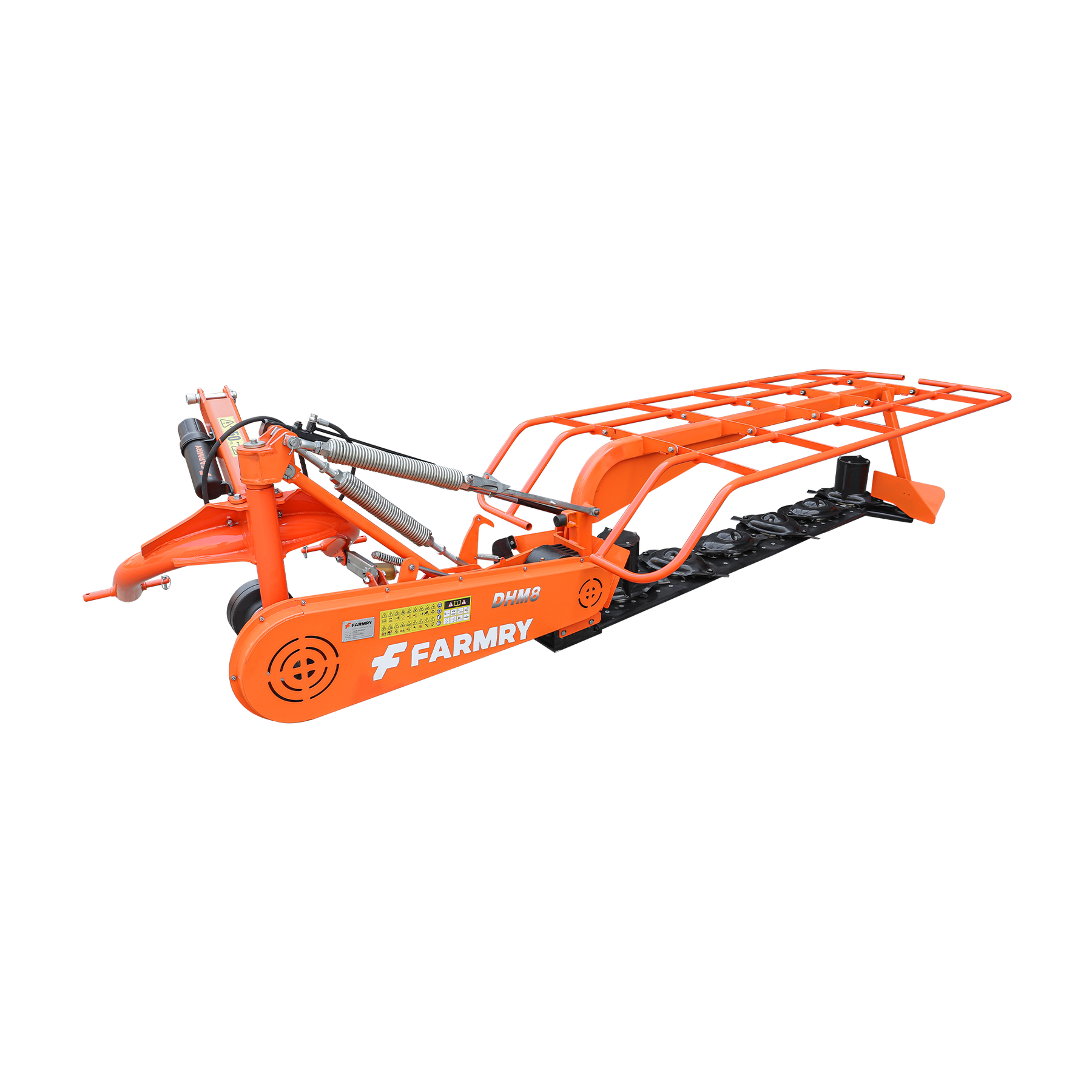 The Farmry DHM8 3 Point 95" Disc Mower features 6 discs, a metal frame, hydraulic parts, PTO power for 35–80HP tractors, and is ideal for grass or hay cutting. Category 1 & 2 compatible, shown at an angle on a white background.