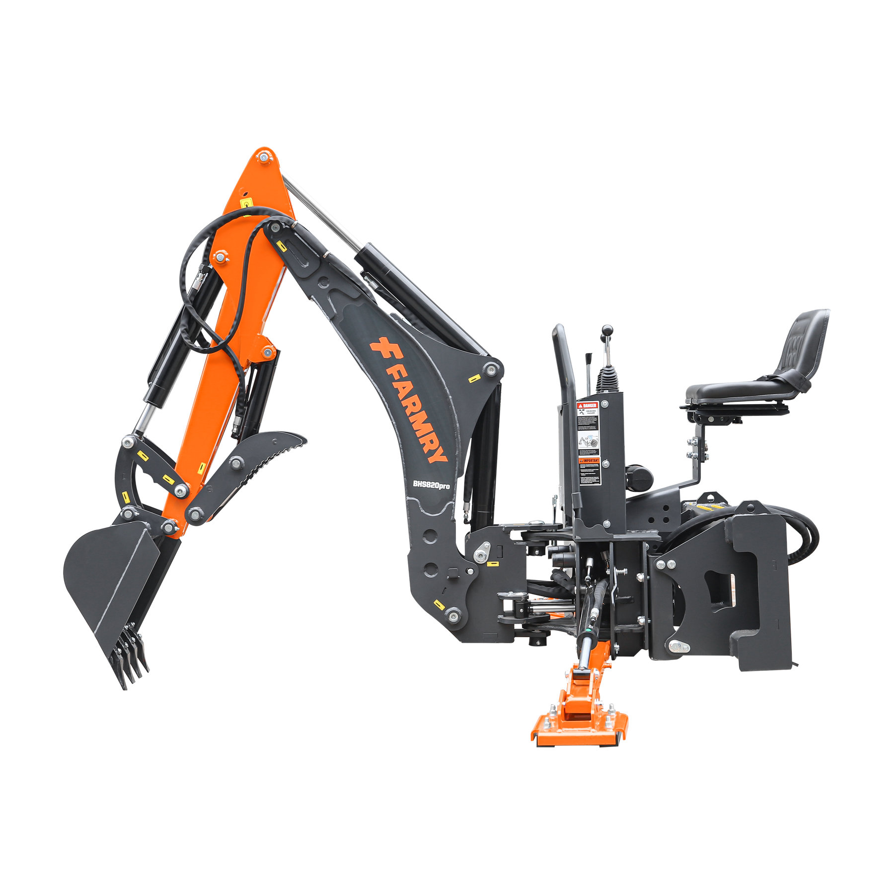 8 '2 " Skid Steer Loader  Backhoe with Curved Boom, Italian Original WALVOIL Seven Way Hydraulic Control Valve, 15" Bucket, Hydraulic Grapple Thumb included, for 30-65 HP , BHS820Pro