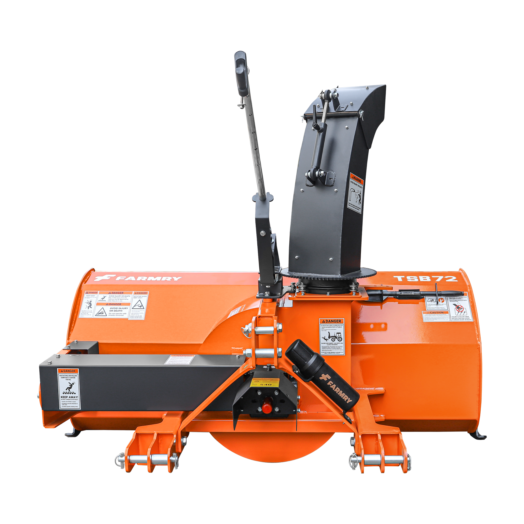 The Farmry TSB72 is a bright orange and black 72” 3-point hitch snow blower for 25-65HP tractors (CAT 1&2) with a 24” impeller, manual 360° chute, snow shovel for jam clearance, PTO shaft with clutch, and includes control levers and mounting brackets.