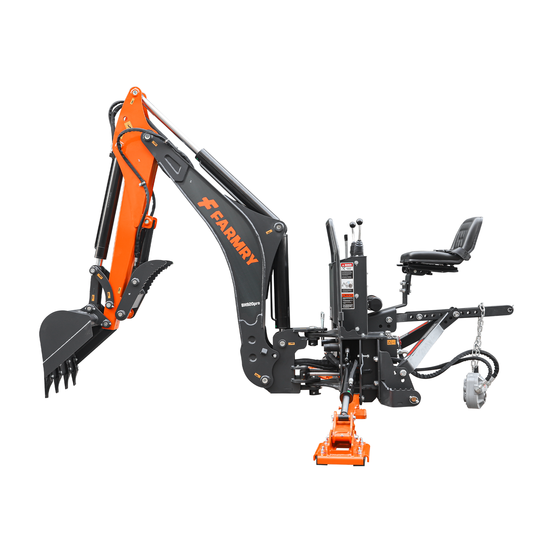 9 '2 " Tractor  Backhoe with Curved Boom, Italian Original WALVOIL Seven Way Hydraulic Control Valve, 18" Bucket, Hydraulic Grapple Thumb,  Self-Contained One-Piece Gear Pump&Hydraulic Reservoir included, for 45-120 HP, Cat 2 Hookup, BH920Pro
