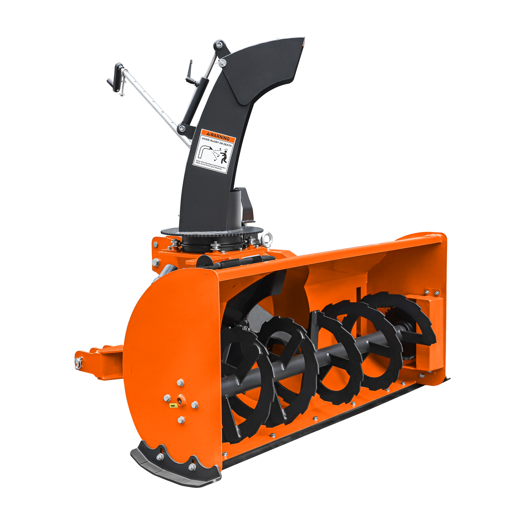 The Farmry TSB60 is a 60" snow blower for 18-45HP tractors (CAT 1&2) with a 22" impeller, manual 360° chute, shovel for jam clearance, PTO shaft with clutch, and 3-point hitch mount for efficient snow removal.