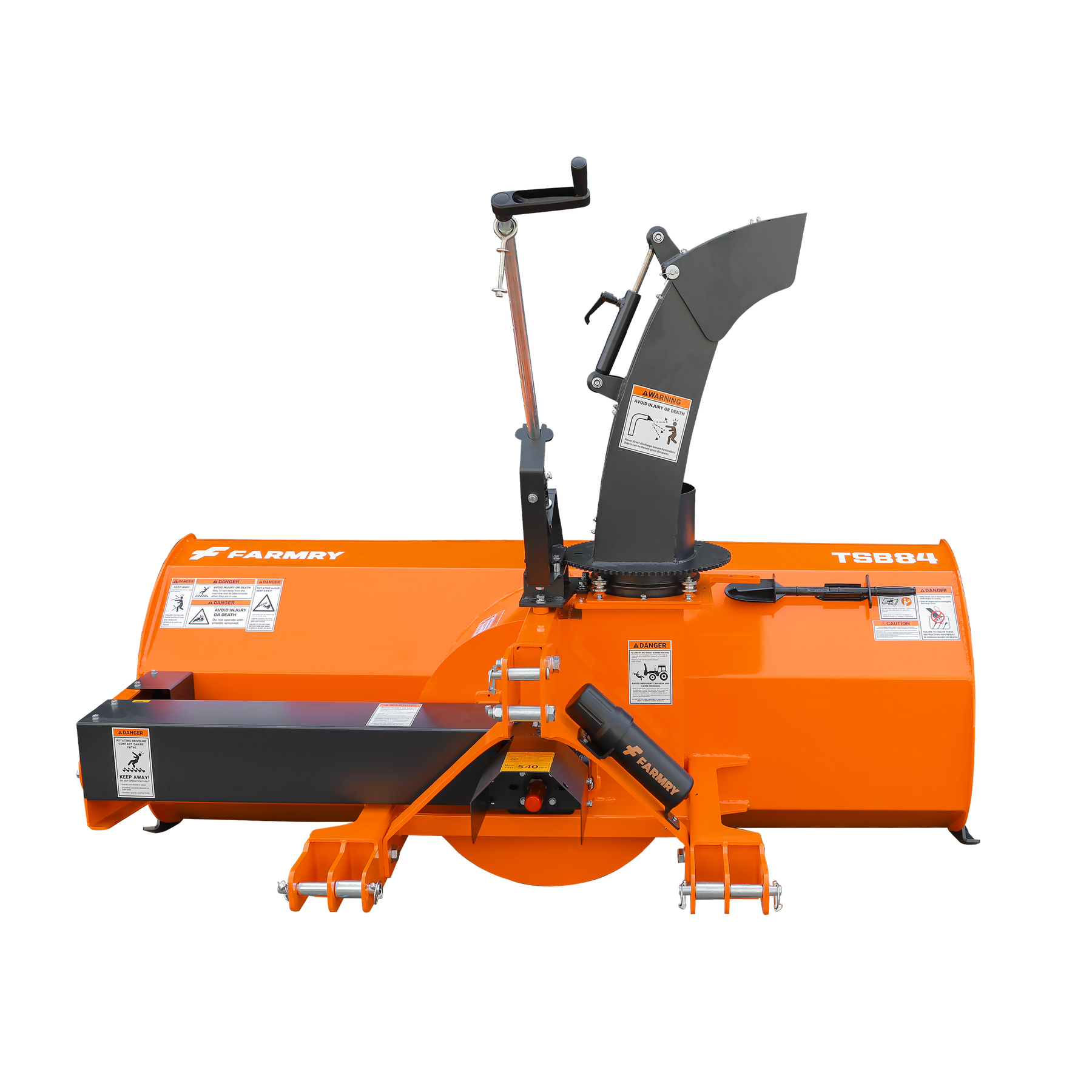 Bright orange Farmry TSB84 84" 3-point hitch snow blower for 30-100HP tractors, CAT 1&2, with 24" impeller, manual 360° chute, PTO shaft with clutch, and snow shovel. Shown on a white background.