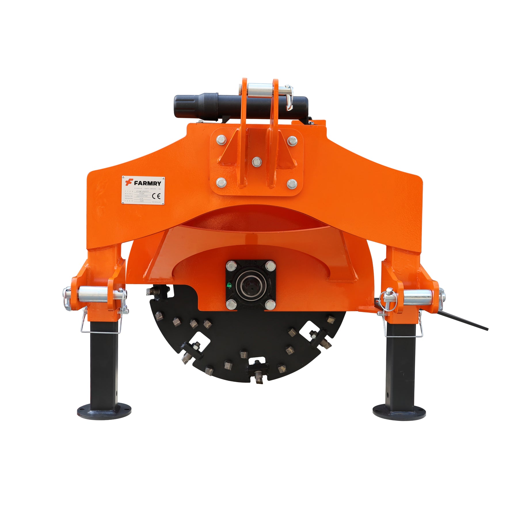 Front view of the Farmry Category 1, 3-Point PTO SG24 Stump Grinder for 15-45 HP tractors, featuring a central cutting disk with 34 carbide teeth, two sturdy support legs, and a white Farmry label. Slip clutch & PTO shaft included.