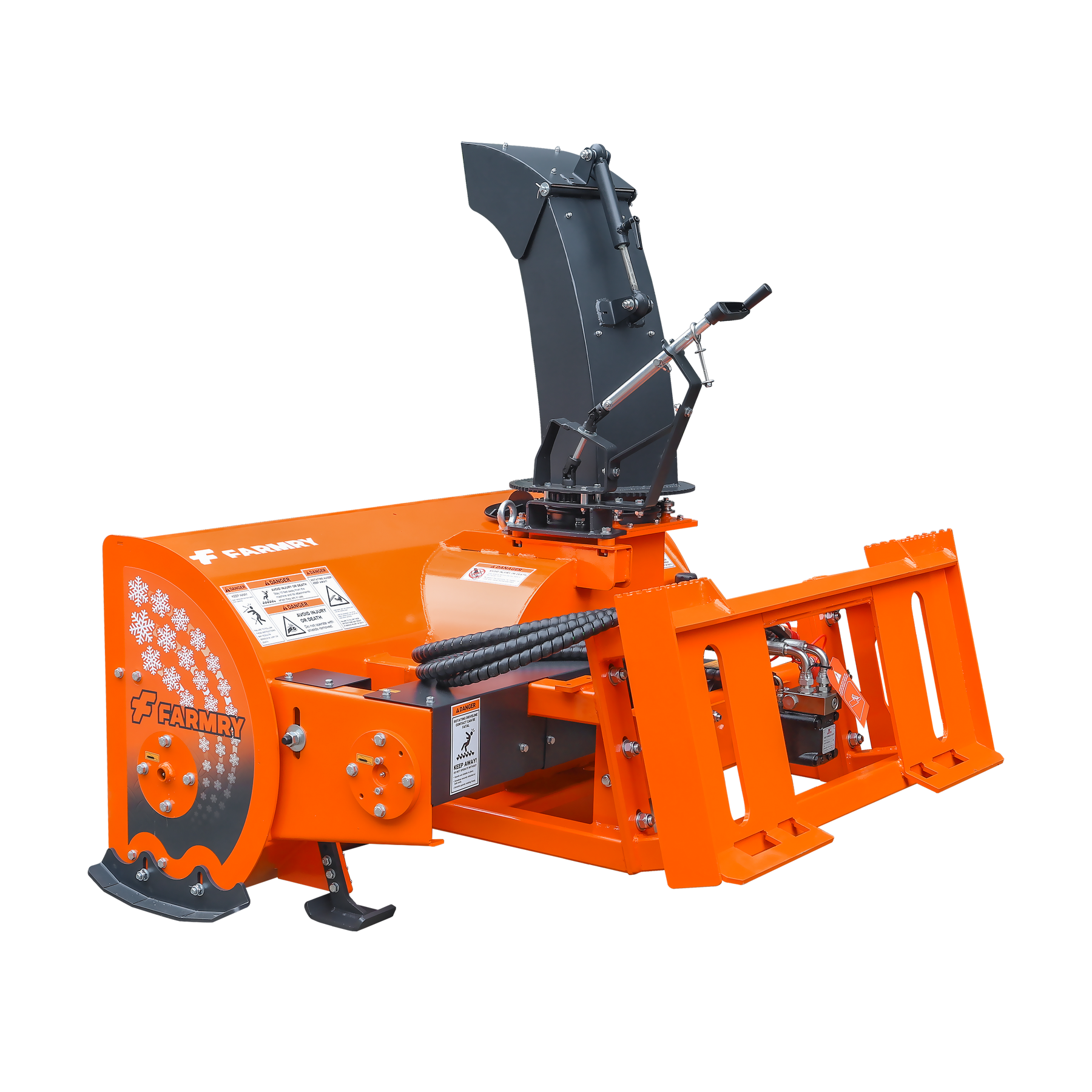 The Farmry 60” Skid Steer Snow Blower (SSB60) features a 22” impeller, manual 360° chute, includes a JAM clearance shovel, and fits 30-75HP tractors or skid steers with 16-21 GPM hydraulic flow.