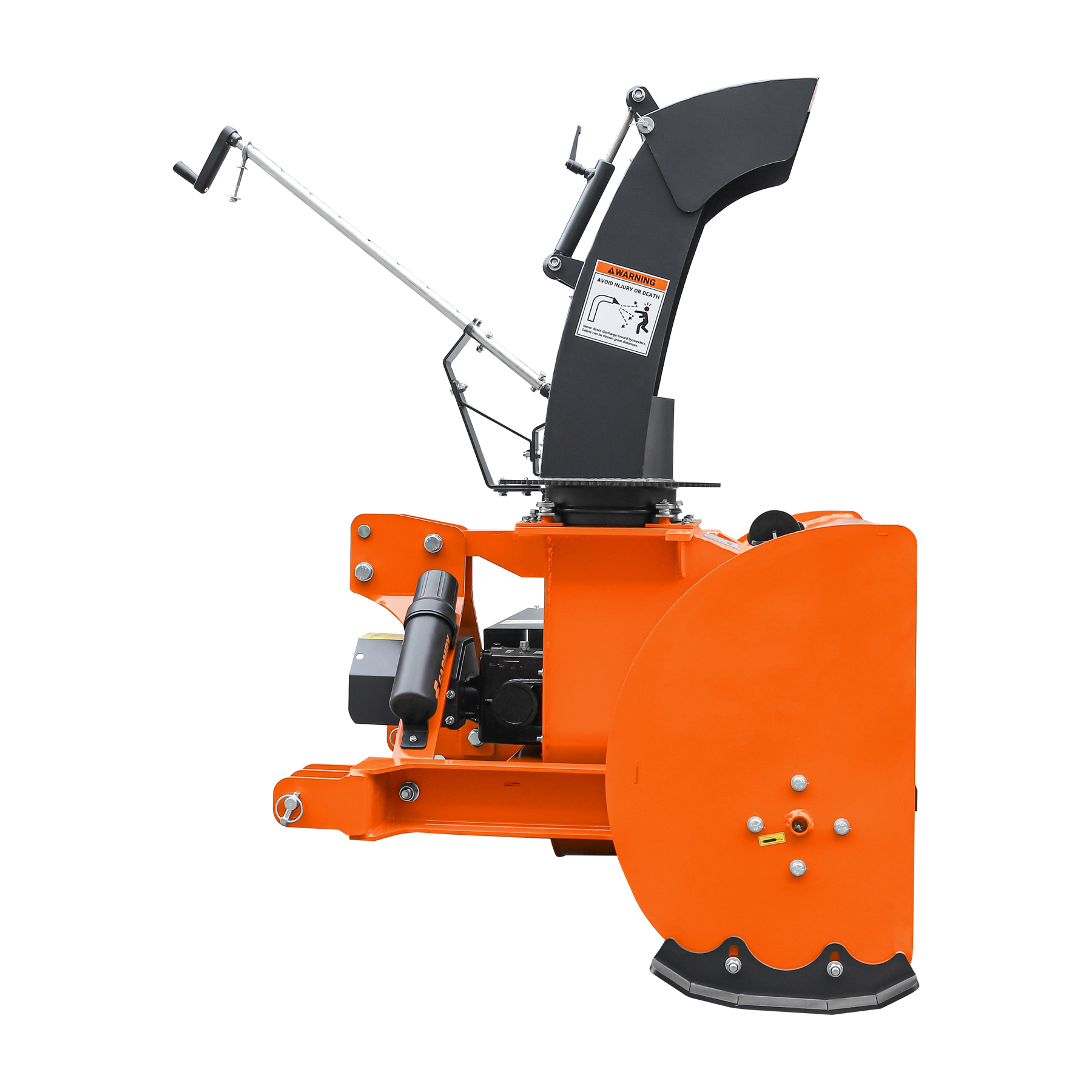 Side view of the Farmry TSB60 60" 3 Point Hitch Snow Blower for 18-45HP tractors (CAT 1&2), featuring a manual 360° chute, control handles, metal fittings, 22” impeller, PTO shaft with clutch, and snow shovel for jam clearance on white background.