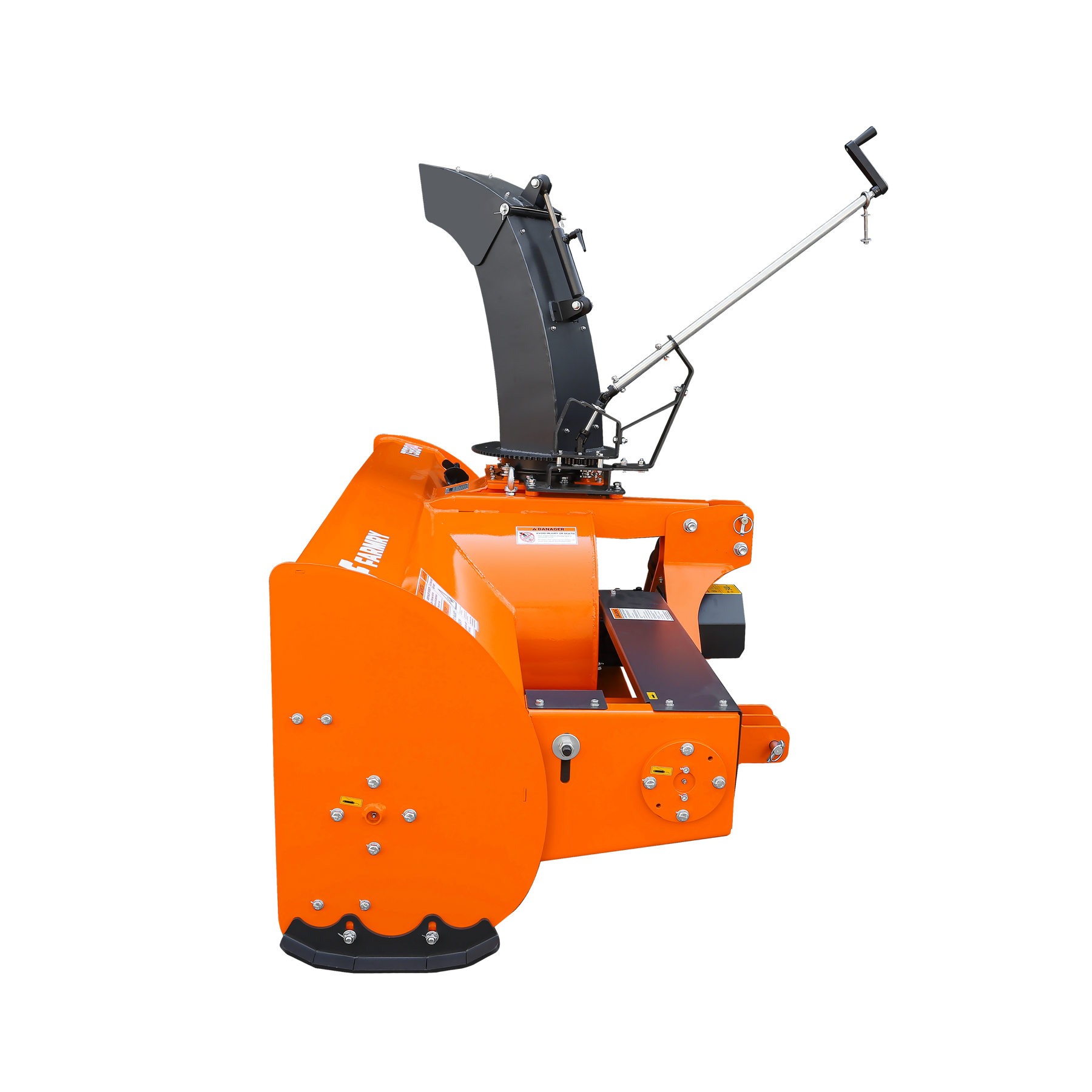 The Farmry TSB84 is an orange 84" 3 Point Hitch Snow Blower for 30-100HP tractors (CAT 1&2), featuring a 24” impeller, manual 360° chute, control handle, snow shovel for jam clearance, and PTO shaft with clutch.