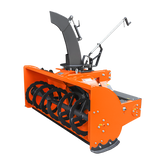 The Farmry TSB72 is a bright orange 72" 3-point hitch snow blower for 25-65HP tractors (CAT 1&2), with a 24" impeller, manual 360° snow chute, sturdy housing, shovel for jam clearance, and PTO shaft with clutch included.