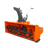 The Farmry TSB84 is an orange 84" 3 Point Hitch Snow Blower for 30-100HP tractors (CAT 1&2), featuring a 24” impeller, black auger, manual 360° chute, PTO shaft with clutch, and included snow shovel, isolated on a white background.