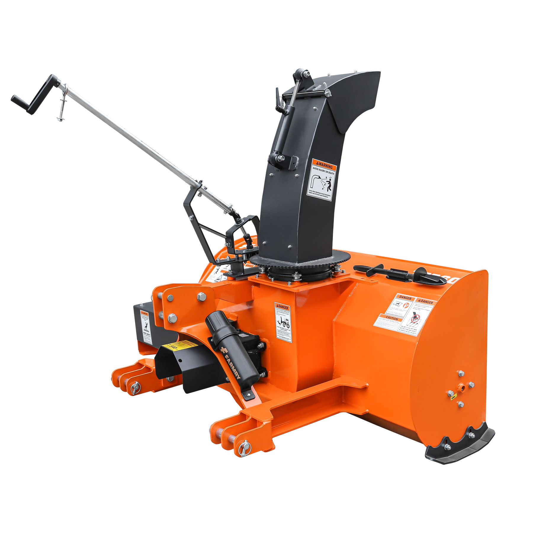 The Farmry TSB60 is a 60” 3-point hitch snow blower for 18-45HP CAT 1&2 tractors, featuring a 22” impeller, manual 360° chute, snow shovel for jam clearance, and PTO shaft with clutch—ideal for heavy equipment.