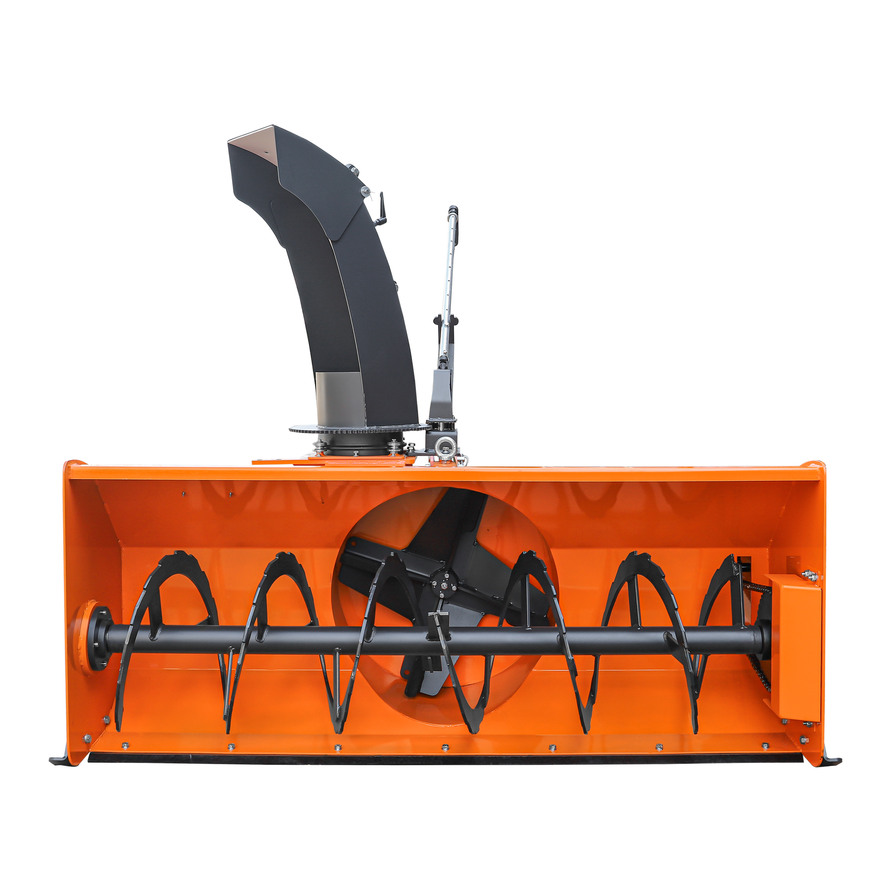 Front-facing view of the Farmry 72” 3 Point Hitch Snow Blower (TSB72), with 24” impeller, manual 360° chute, auger, and control lever, CAT 1&2 compatible for 25-65HP tractors; PTO shaft with clutch included for efficient snow clearing.