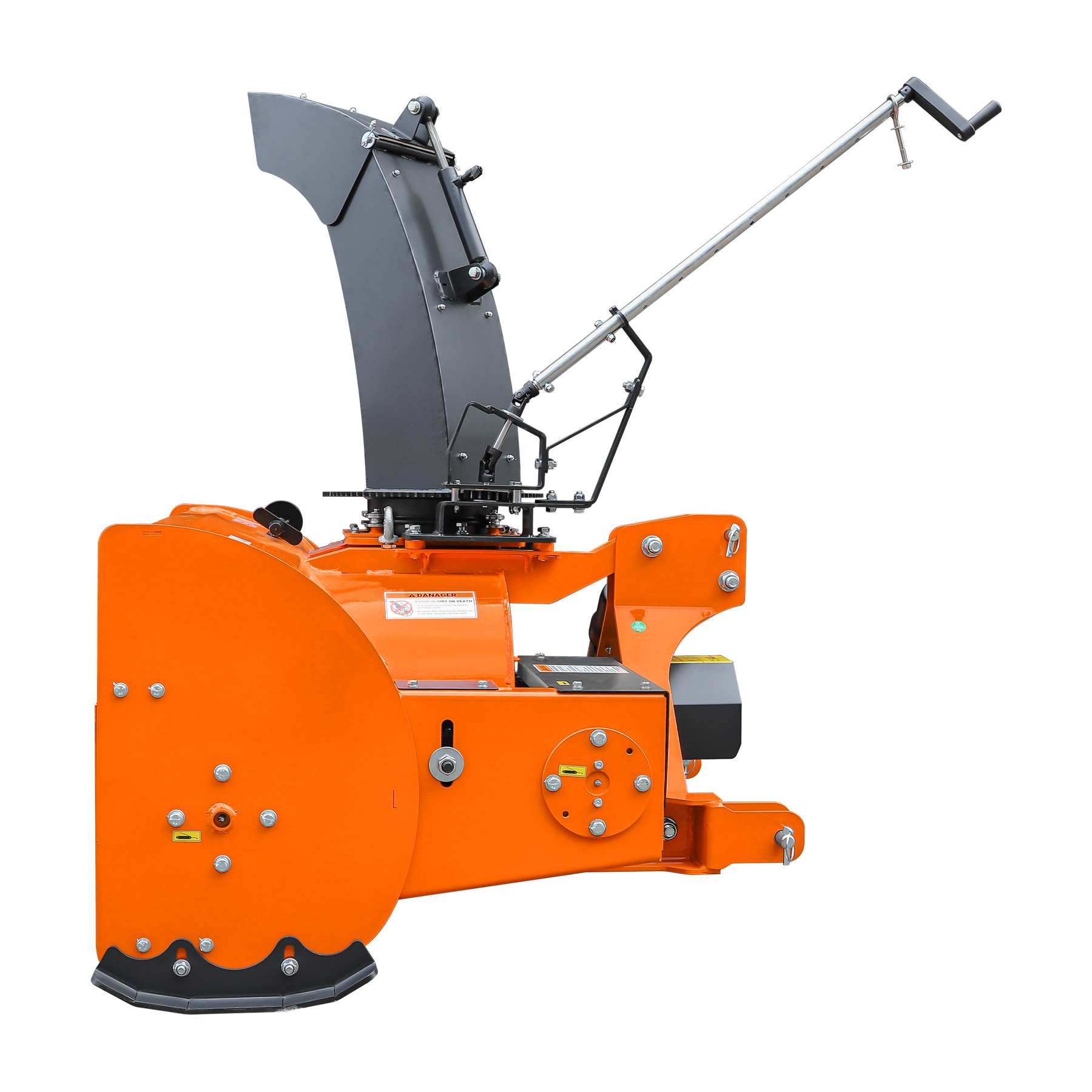 Side view of the Farmry 48” 3 Point Hitch Snow Blower (TSB48) for 15-35HP tractors, CAT 1 hitch, 20” impeller, manual 360° chute, snow shovel for jam clearance, and PTO shaft with clutch, isolated on a white background.