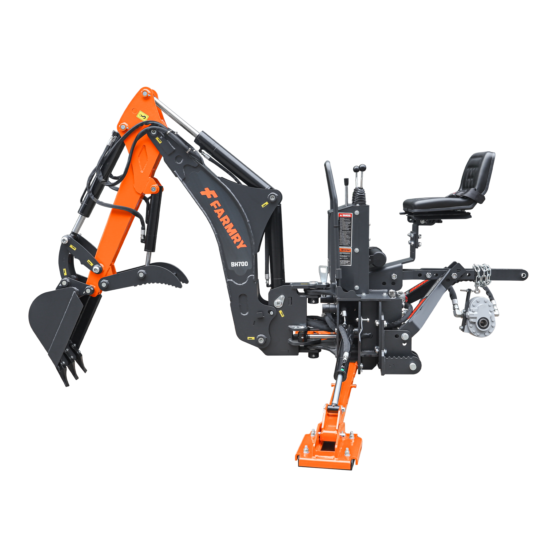 Side view of the farmry BH700 7' Tractor Backhoe with curved boom, 12" bucket, hydraulic grapple thumb, self-contained pump and reservoir; fits 25-45 HP tractors with Cat 1&2 hookup.