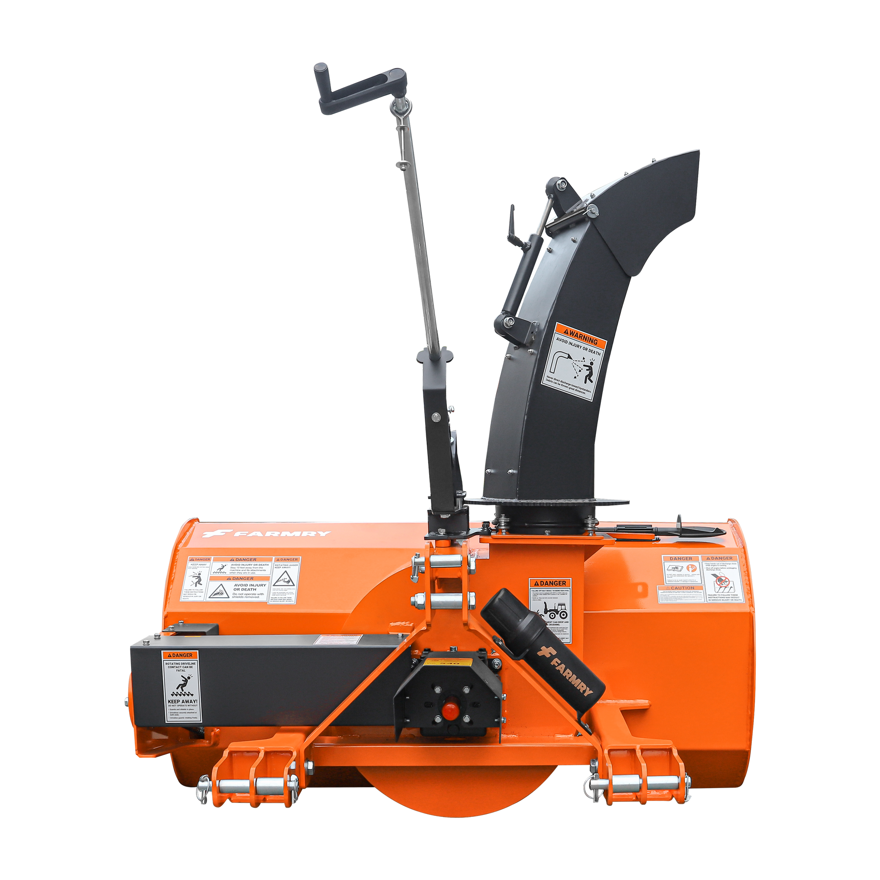 A Farmry 60" 3 Point Hitch Snow Blower (TSB60) for 18-45HP tractors, with a 22” impeller, manual 360° snow chute, and PTO shaft, is displayed in orange and black against a plain white background.