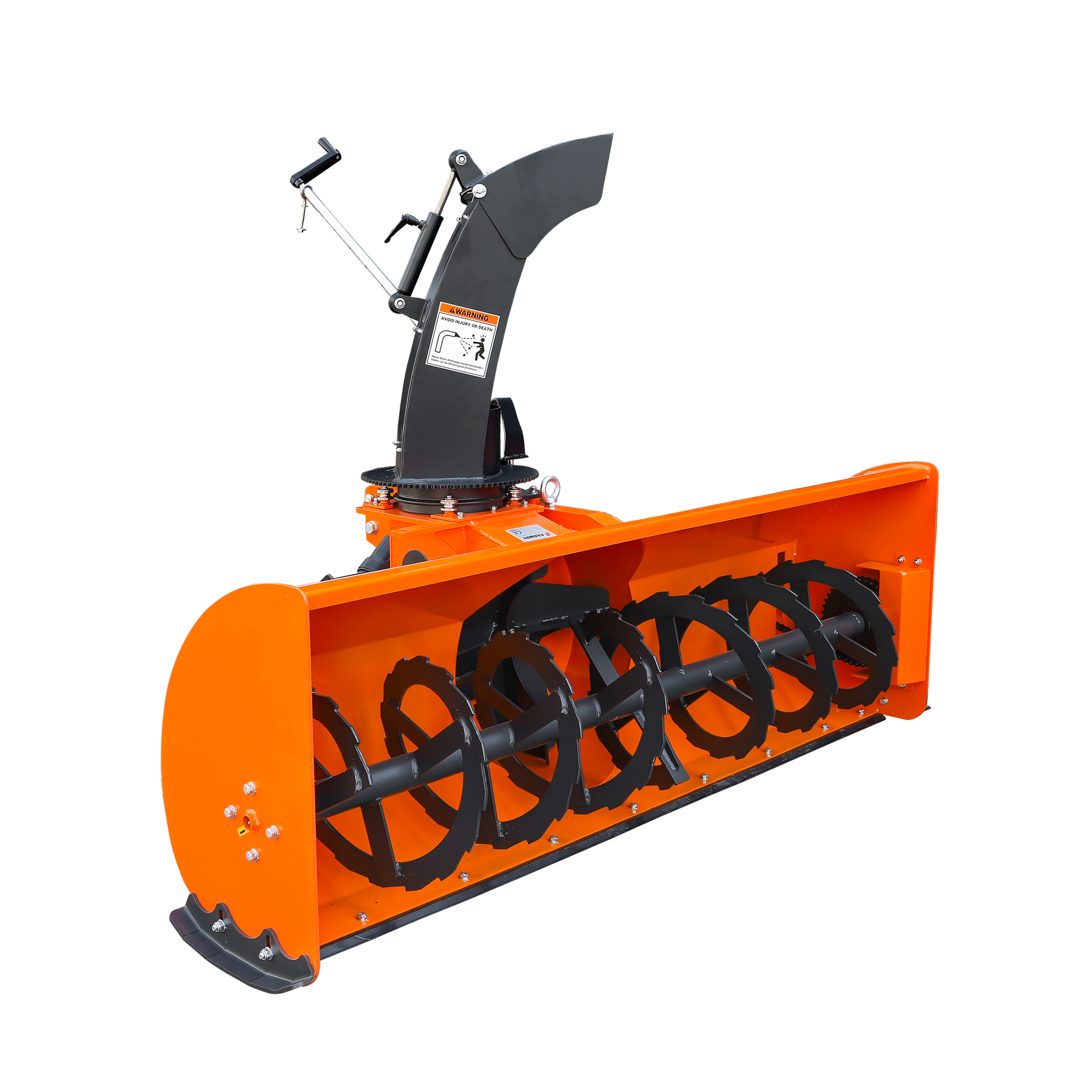 A Farmry TSB84 84" 3 Point Hitch Snow Blower for 30-100HP tractors (CAT 1&2) with a 24” impeller, black rotating blades, manual 360° chute, PTO shaft with clutch, and orange body is shown on a plain white background.