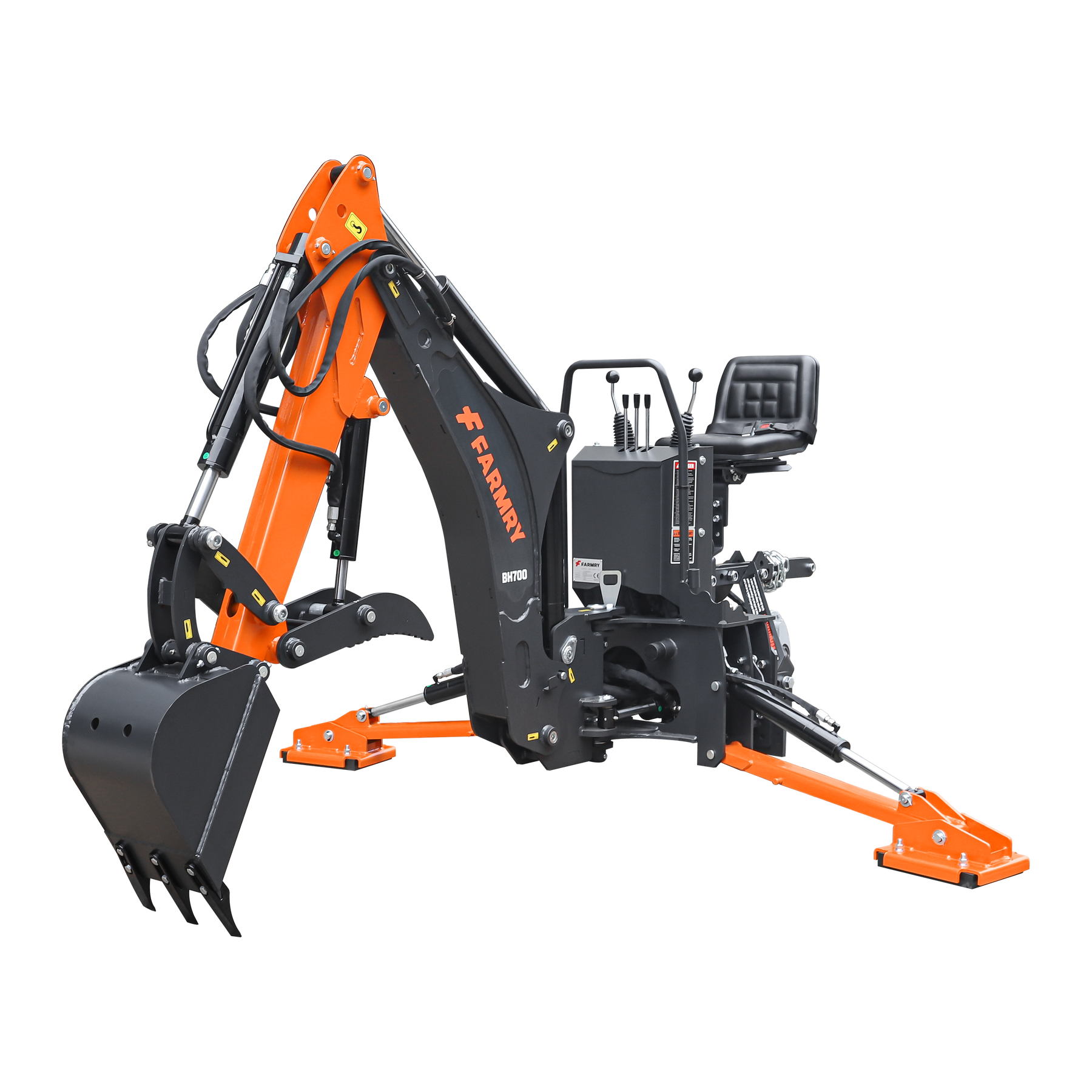 The farmry BH700 is a 7' tractor backhoe with a curved boom, 12" bucket, hydraulic grapple thumb, self-contained pump & reservoir, for 25-45 HP tractors, Cat 1 & 2 hookup.