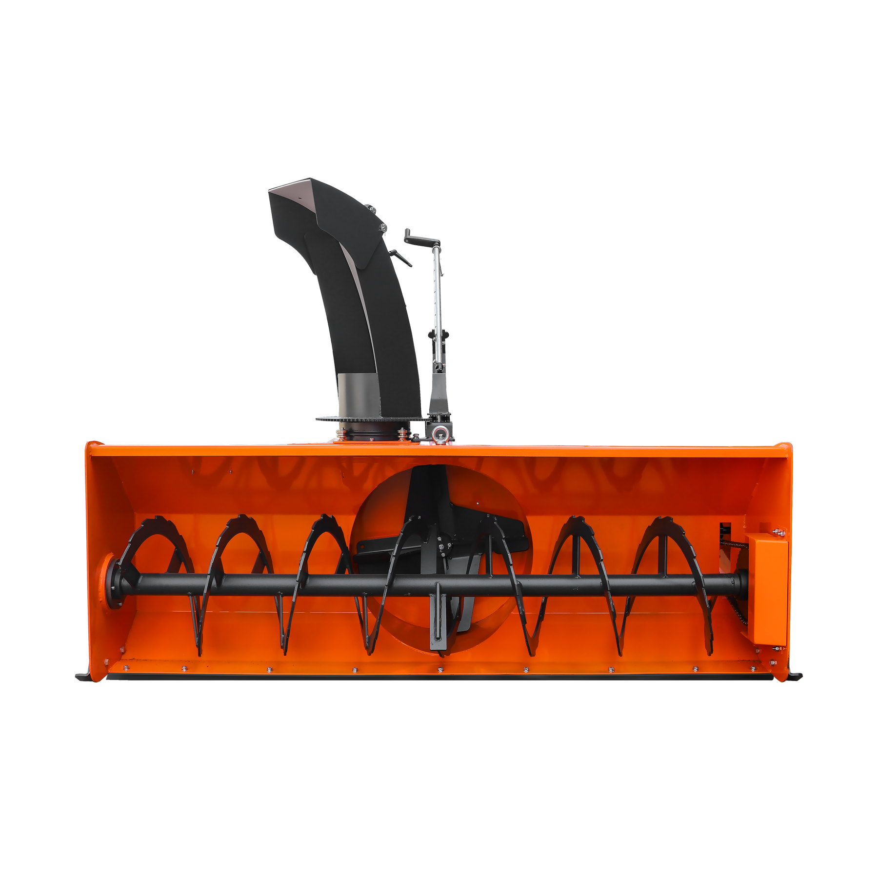 Front view of the Farmry TSB84 84" 3 Point Hitch Snow Blower for 30-100HP tractors, CAT 1&2, with dual augers, manual 360° chute, 24” impeller, and PTO shaft with clutch, set against a plain white background.