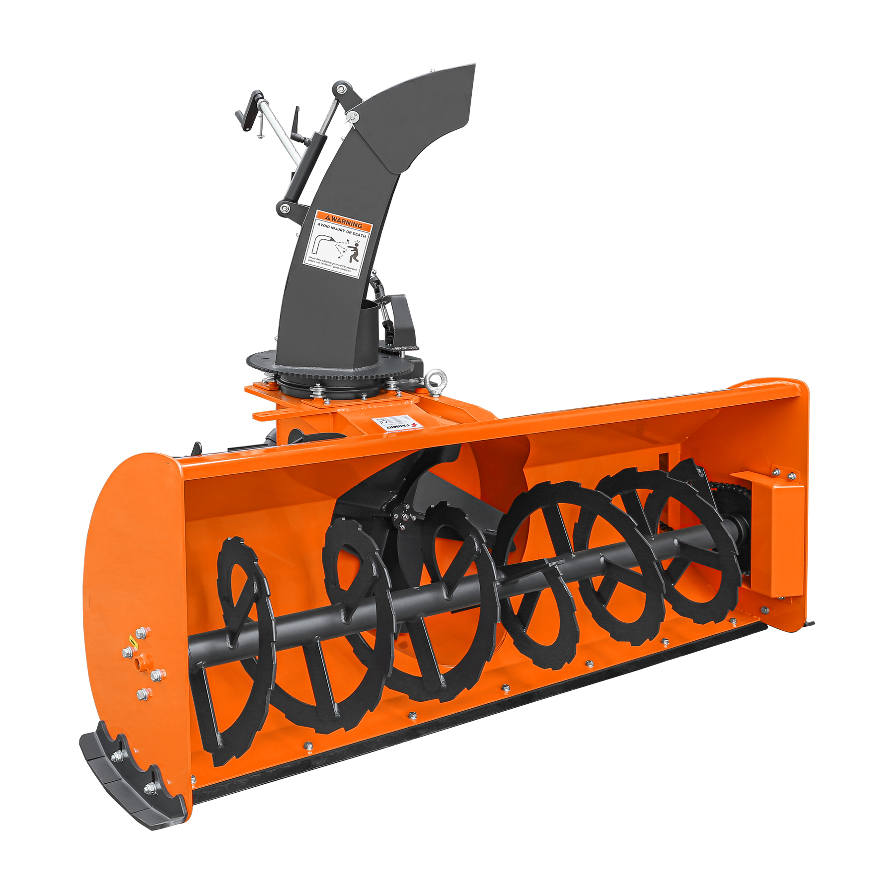 The Farmry 72” 3 Point Hitch Snow Blower (TSB72) for 25-65HP CAT 1&2 tractors, with a 24” impeller, manual 360° chute, metal augers, and PTO shaft is shown on a white background.