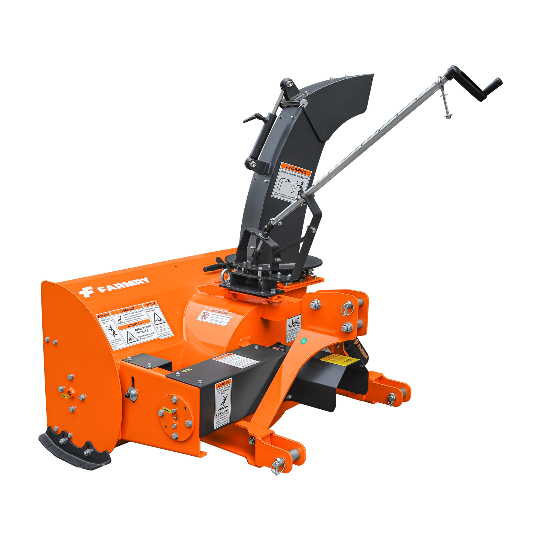 The Farmry TSB48 is a 48" orange snow blower for 15-35HP tractors (CAT 1 hitch) with a 20" impeller, manual 360° black chute, control handle, warning labels, visible bolts, and comes with a PTO shaft clutch and JAM clearance snow shovel.
