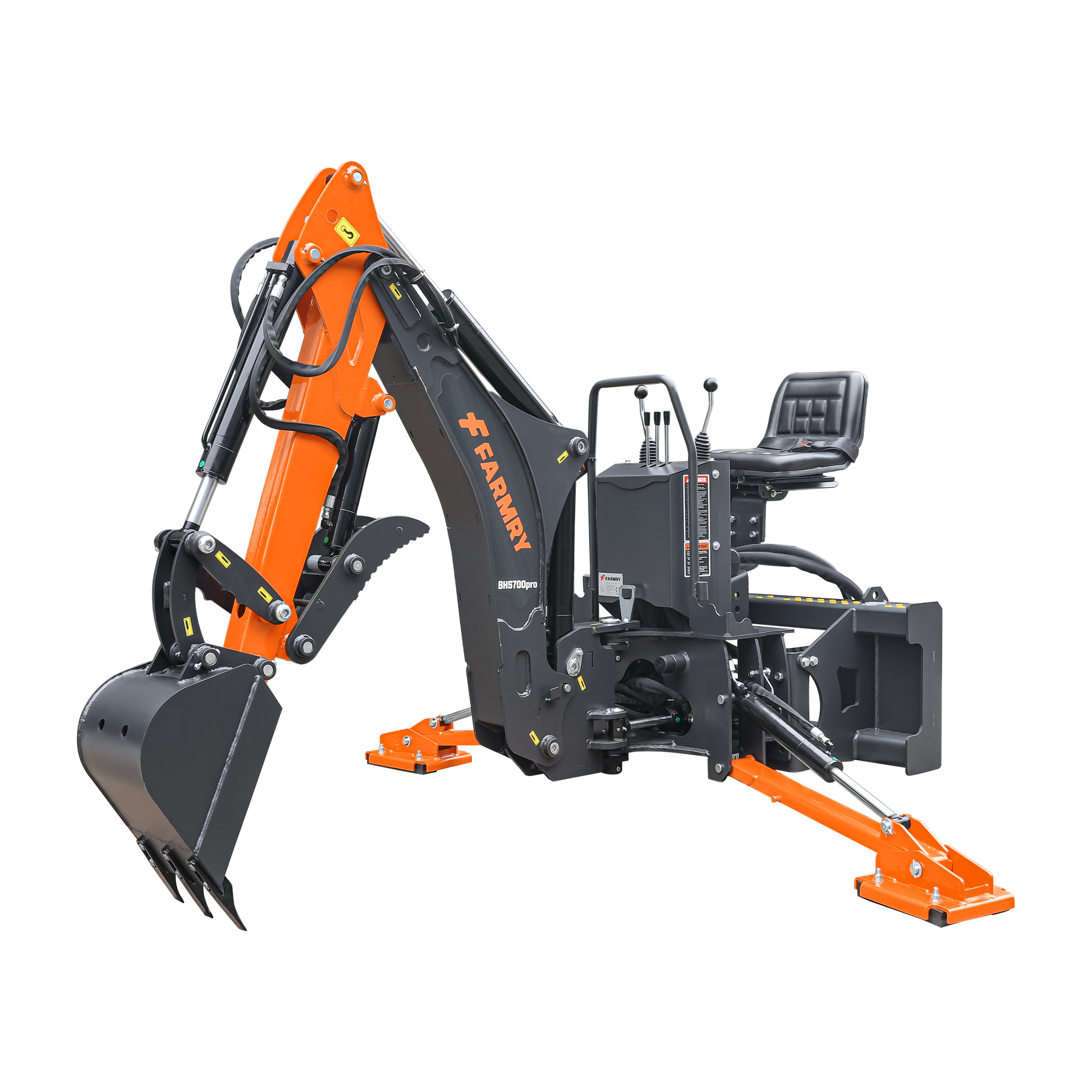 The Farmry BHS700Pro is a 7' skid steer loader backhoe with a curved boom, Italian WALVOIL 7-way hydraulic control valve, 12" bucket, and hydraulic grapple thumb. It suits 30-50 HP tractors and offers stabilizing legs for impressive digging depth.