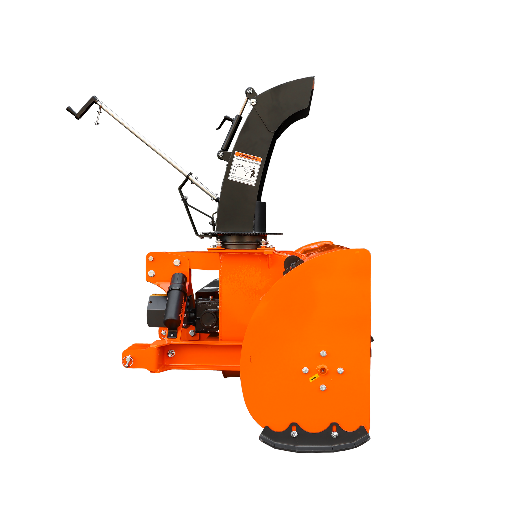 The Farmry 84" 3 Point Hitch Snow Blower, model TSB84, fits 30-100HP tractors (CAT 1&2) and includes a 24” impeller, manual 360° chute, PTO shaft with clutch, and snow shovel for jam clearance. Displayed against a white background.