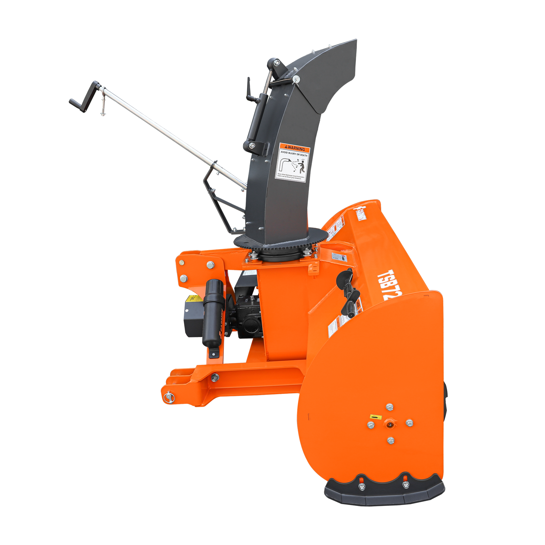 Side view of the Farmry 72” 3 Point Hitch Snow Blower (TSB72) for 25-65HP tractors, CAT 1&2, with 24” impeller, manual 360° chute, snow shovel for JAM clearance, PTO shaft with clutch, and safety label.