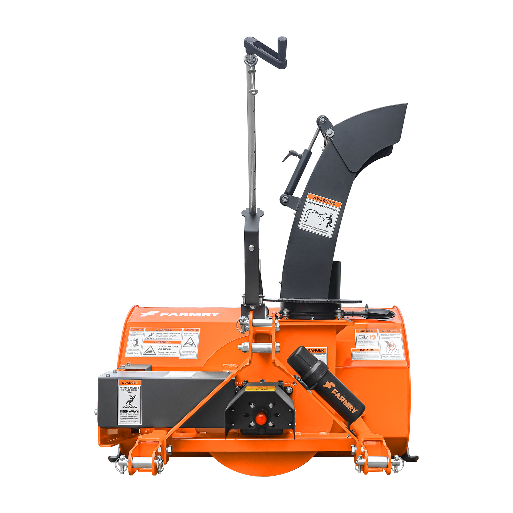 A bright orange Farmry TSB48 48” 3-Point Hitch Snow Blower for 15-35HP tractors (CAT 1), featuring a manual 360° curved black chute, safety labels, vertical handle, and PTO shaft with clutch, viewed front on a plain white background.