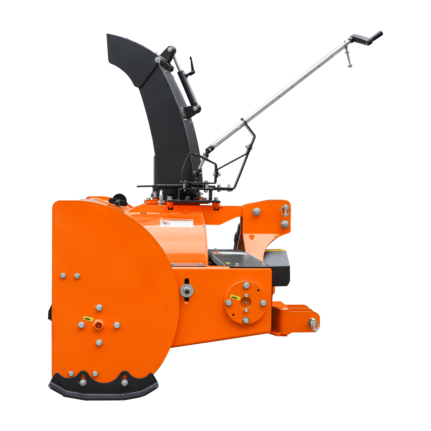 The Farmry 60" 3 Point Hitch Snow Blower (TSB60) for 18-45HP CAT 1&2 tractors features a manual 360° black chute, metal levers, adjustment handles, a PTO shaft with clutch, and is shown on a plain white background.