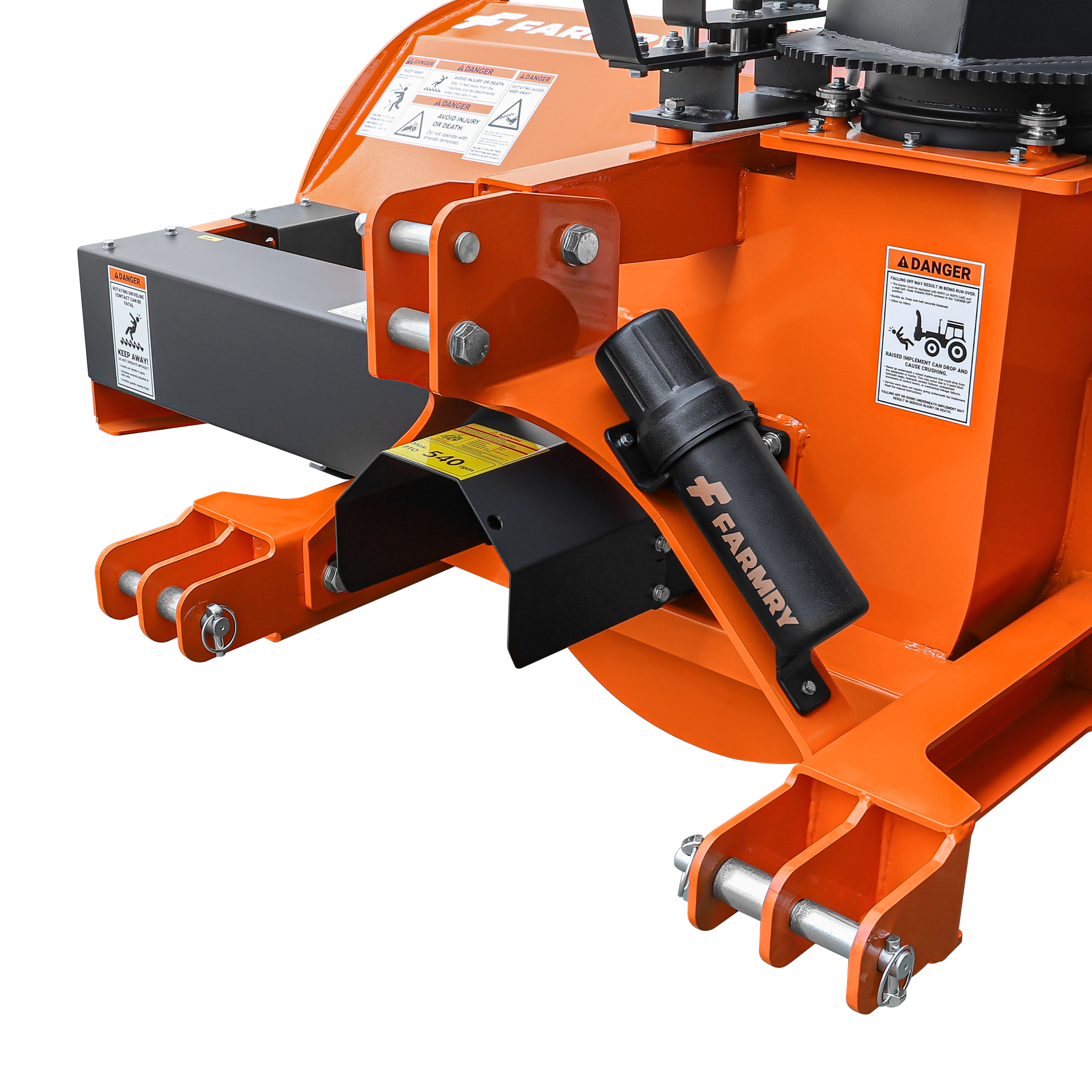 Close-up of the orange Farmry 72” 3 Point Hitch Snow Blower TSB72 for 25-65HP tractors (CAT 1&2), showing metal parts, bolts, safety labels, branded cap, manual 360° chute, 24” impeller, PTO shaft with clutch and snow shovel.