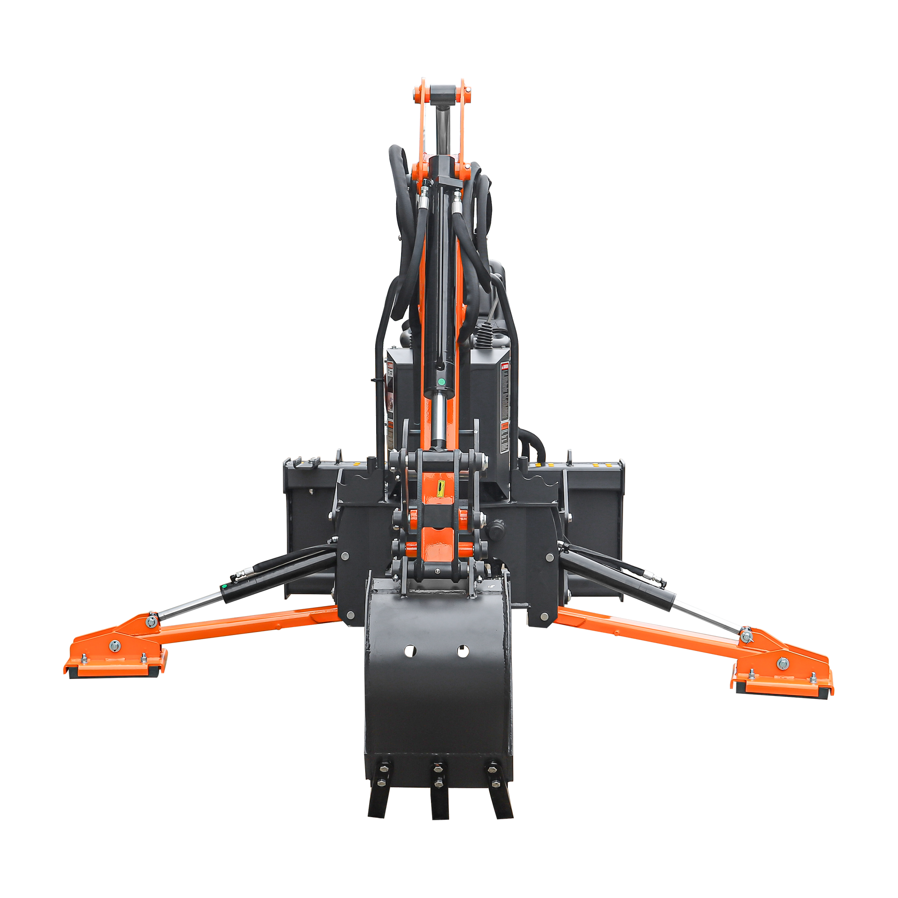 Front view of the Farmry BHS700Pro 7' skid steer loader backhoe with curved boom, Italian WALVOIL 7-way hydraulic control valve, 12" bucket, and hydraulic grapple thumb, for 30-50 HP, black and orange, isolated on white background.