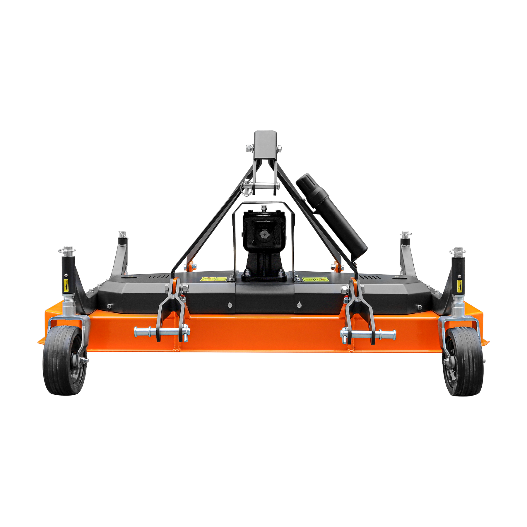 Front view of the farmry Farmry 47" Cutting Width Finishing Mower (FM120LN), featuring four small wheels, a galvanized steel frame, and a central gearbox; designed for 20-45 HP tractors with 3-point linkage.