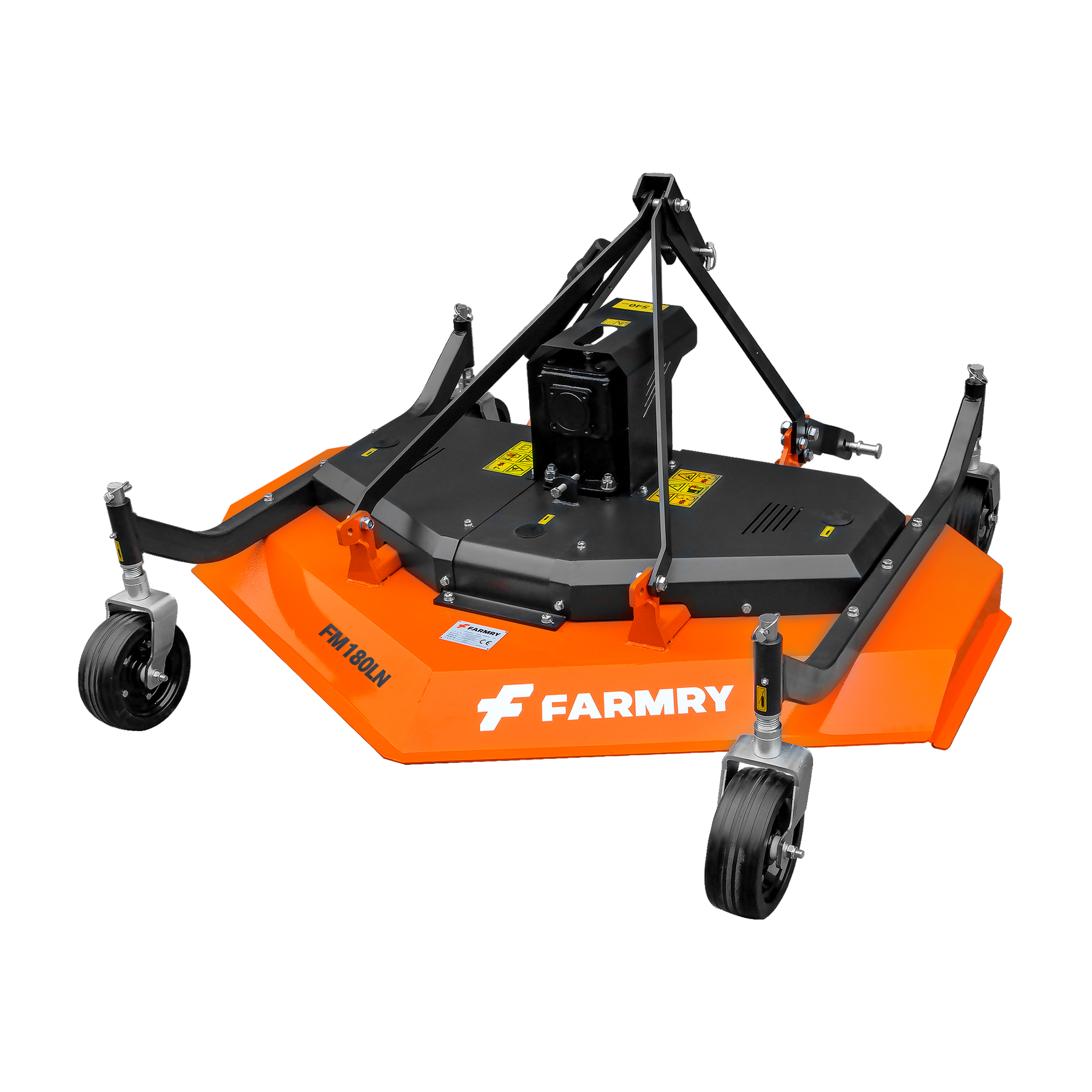 The Farmry 71" Cutting Width Finishing Mower (FM180LN) is a black and orange, three-wheel attachment with a 3-point hitch for tractors (20-45 HP), designed for agricultural or landscaping use; the "farmry" brand appears on the front, shown on white background.