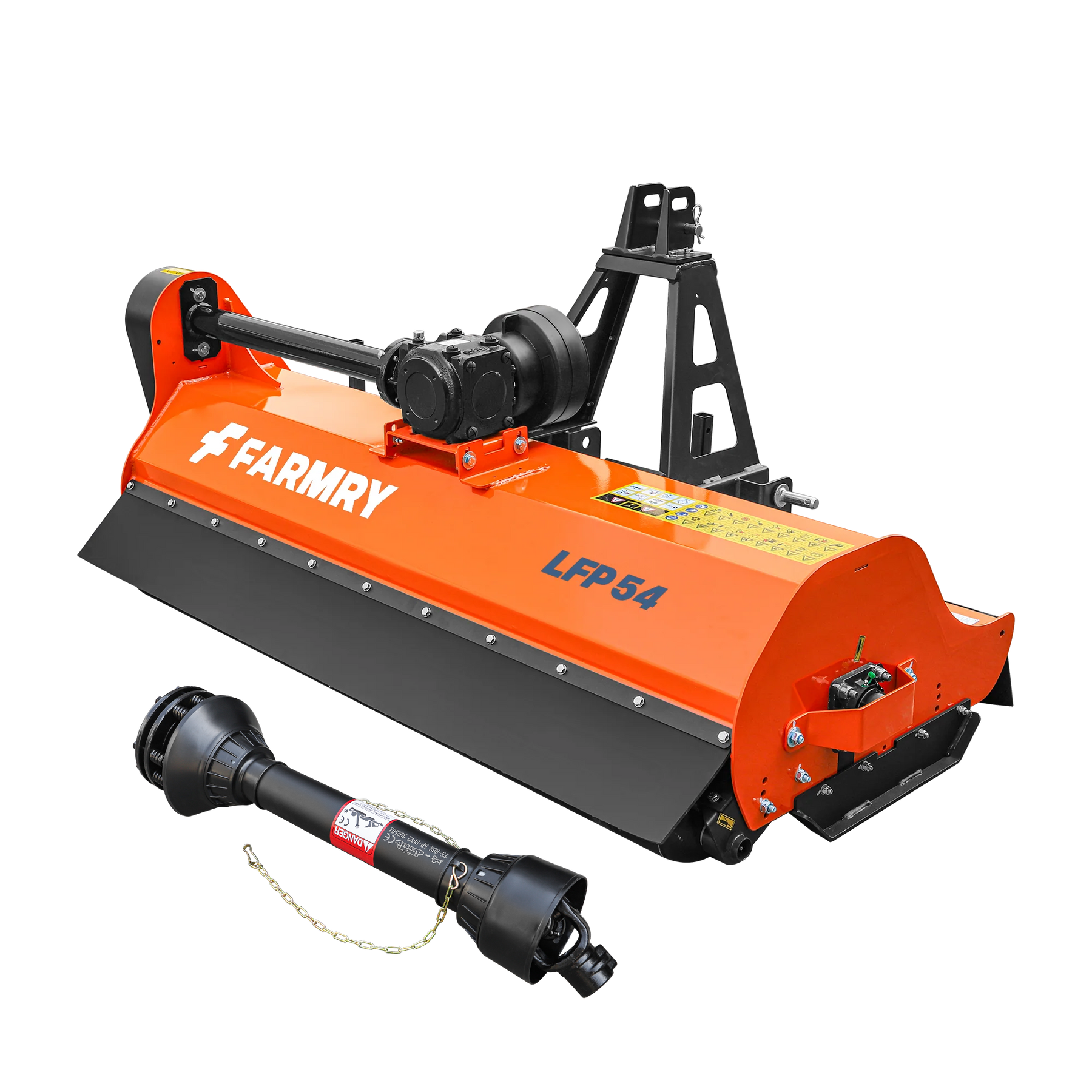 A farmry LFP54 Pro Series 3 Point 54" PTO flail mower for Category 1 tractors (25-45HP), with a black drive shaft in front, is shown on a white background.