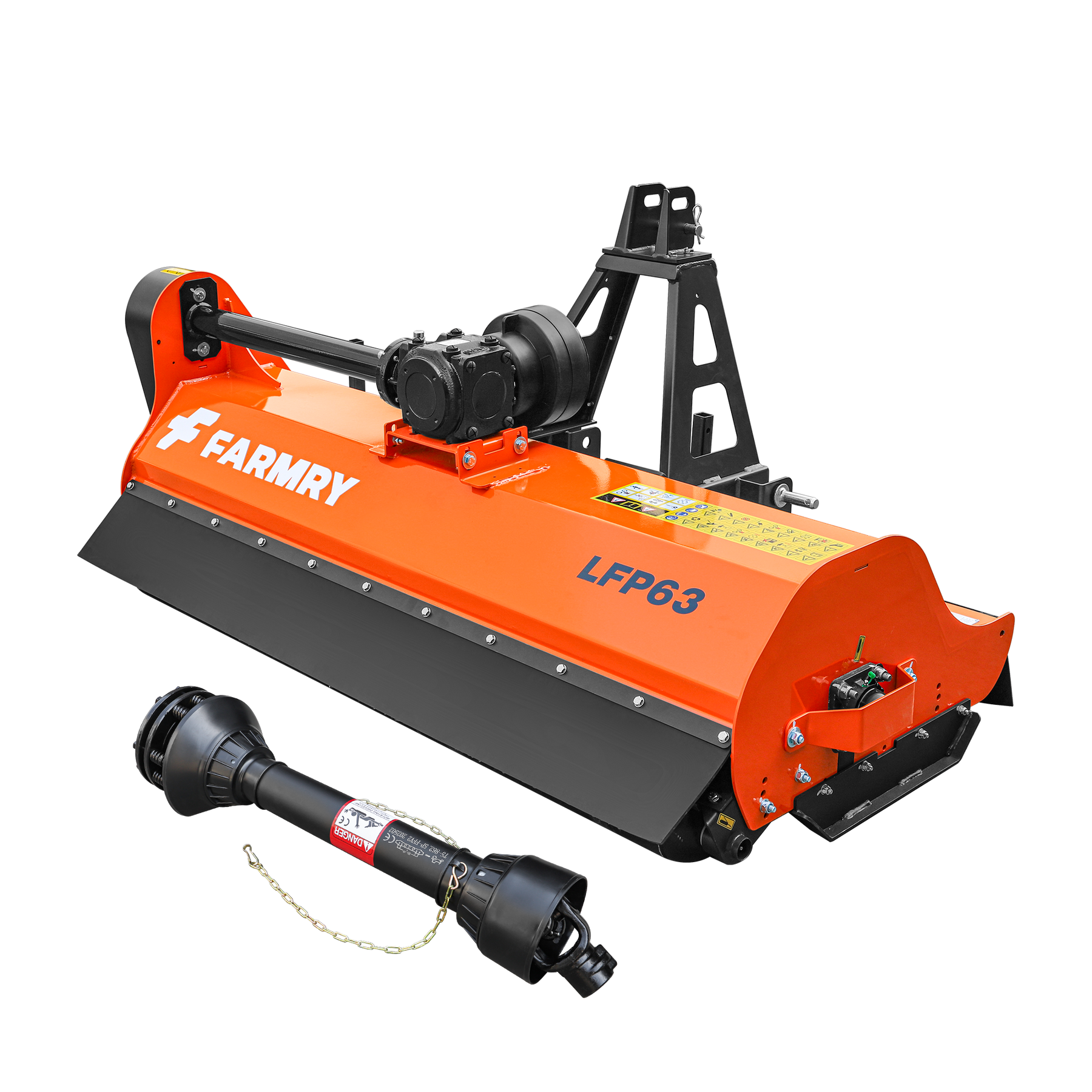 A farmry LFP63 Pro Series 3 Point 63" orange flail mower with black drive shaft, PTO powered for Category 1 tractors (25-45HP), is displayed on a white background.