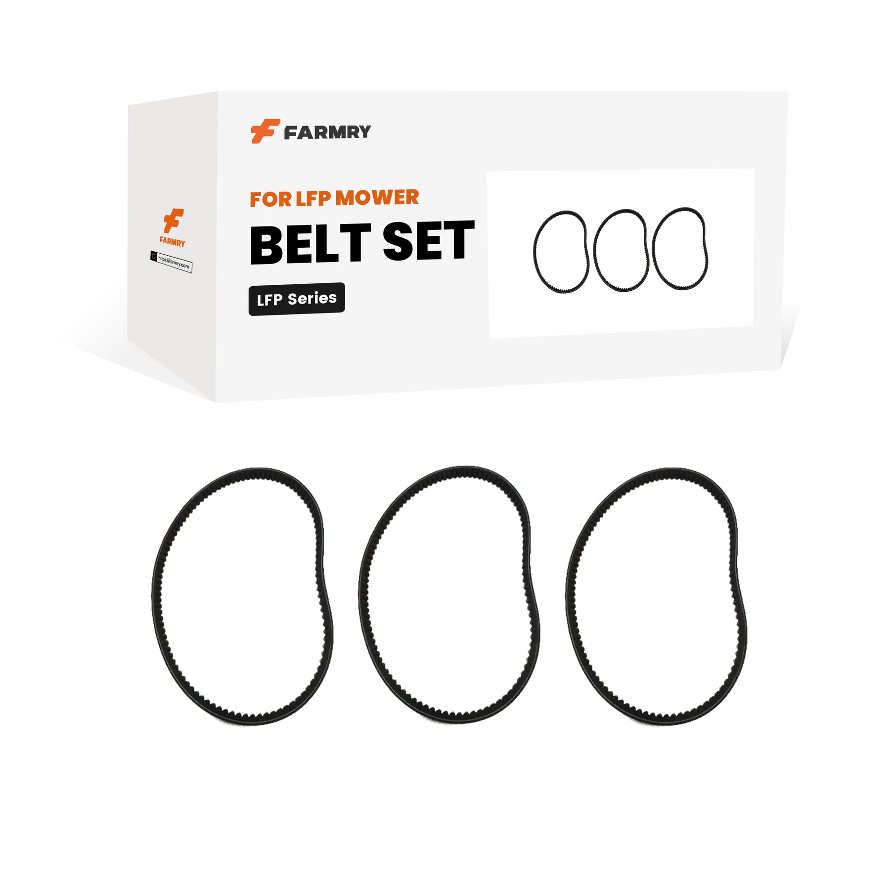 A white Farmry box labeled “(1 Pack/3 Pcs) Belt Set for LFP Mower” is shown with three black mower belts in front and an illustration of the belts on the packaging.