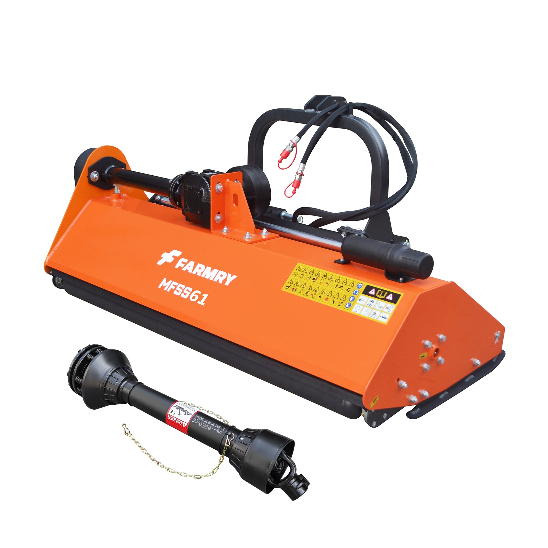 The farmry MFSS61 3 Point 61" Flail Mower features PTO hydraulic side shift, fits Category 1 & 2 tractors (20-45HP), and comes with a black PTO shaft for easy attachment using a sturdy 3-point linkage.